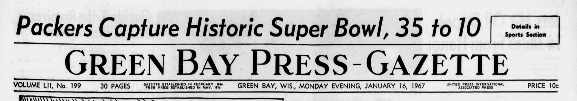 Super Bowl I, at the same Coliseum, seven years later. (Green Bay Press-Gazette, Jan. 16, 1967, via Newspapers.com)