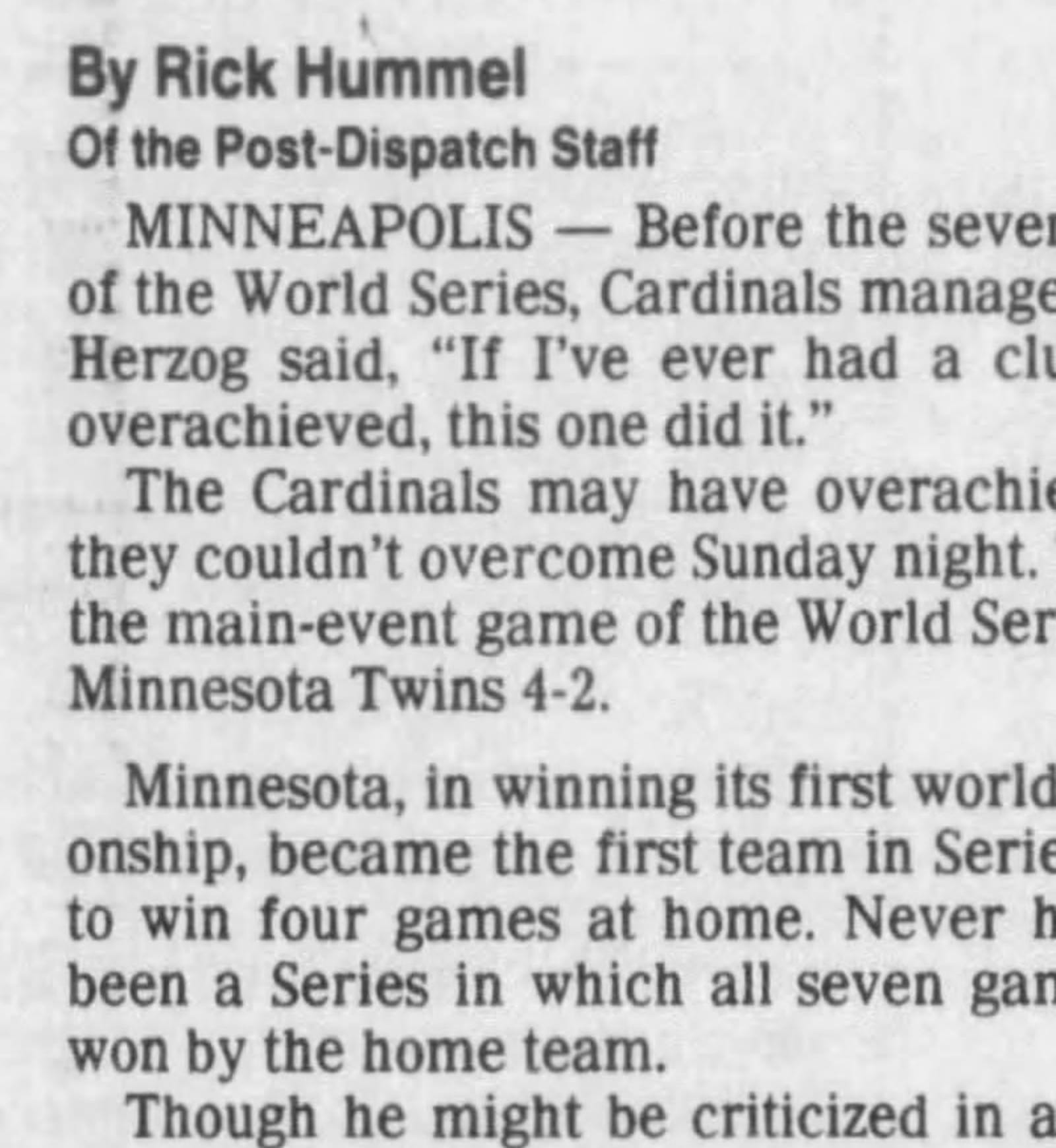 "Never had there been a Series in which all seven games were won by the home team." (St. Louis Post-Dispatch, Oct. 26, 1987, via Newspapers.com)