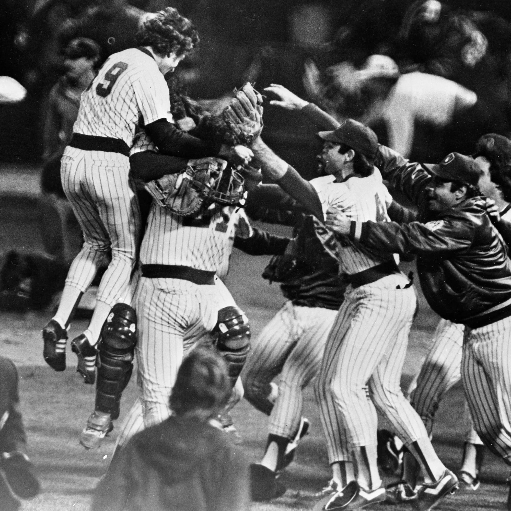 The Brewers celebrate the 1982 pennant at County Stadium.