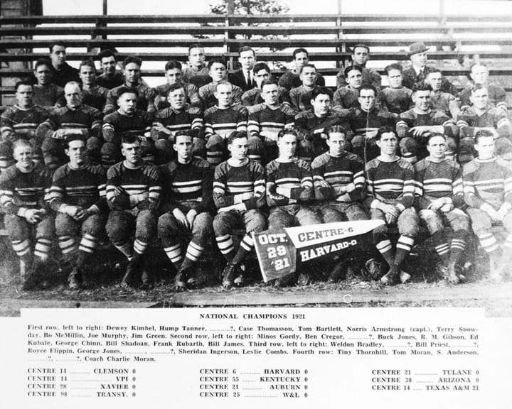 The 1921 Centre team, with a pennant marking the date and the score.