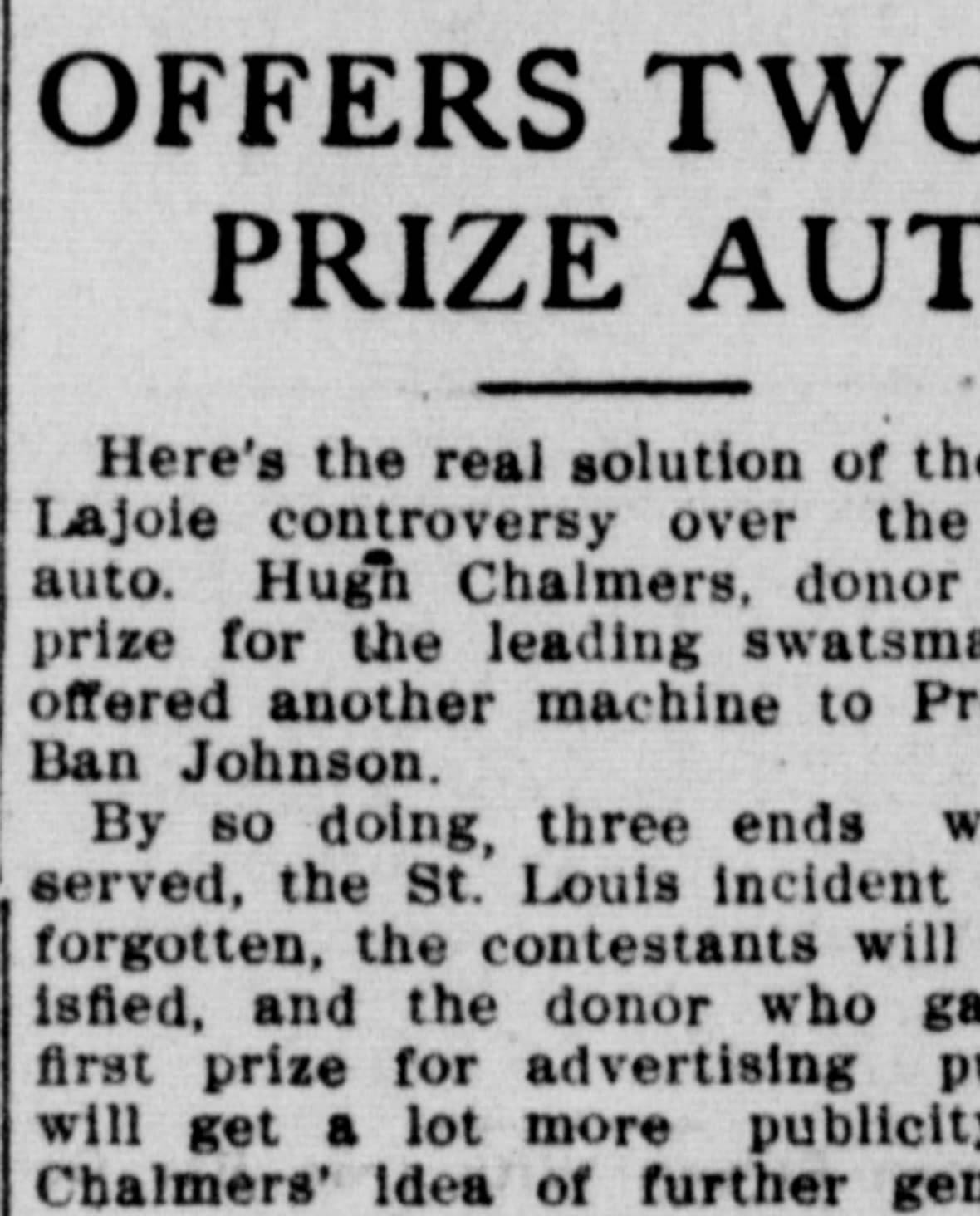 Detroit Times, Oct. 14, 1910: Chalmers solves the Cobb-Lajoie controversy by buying a second car.