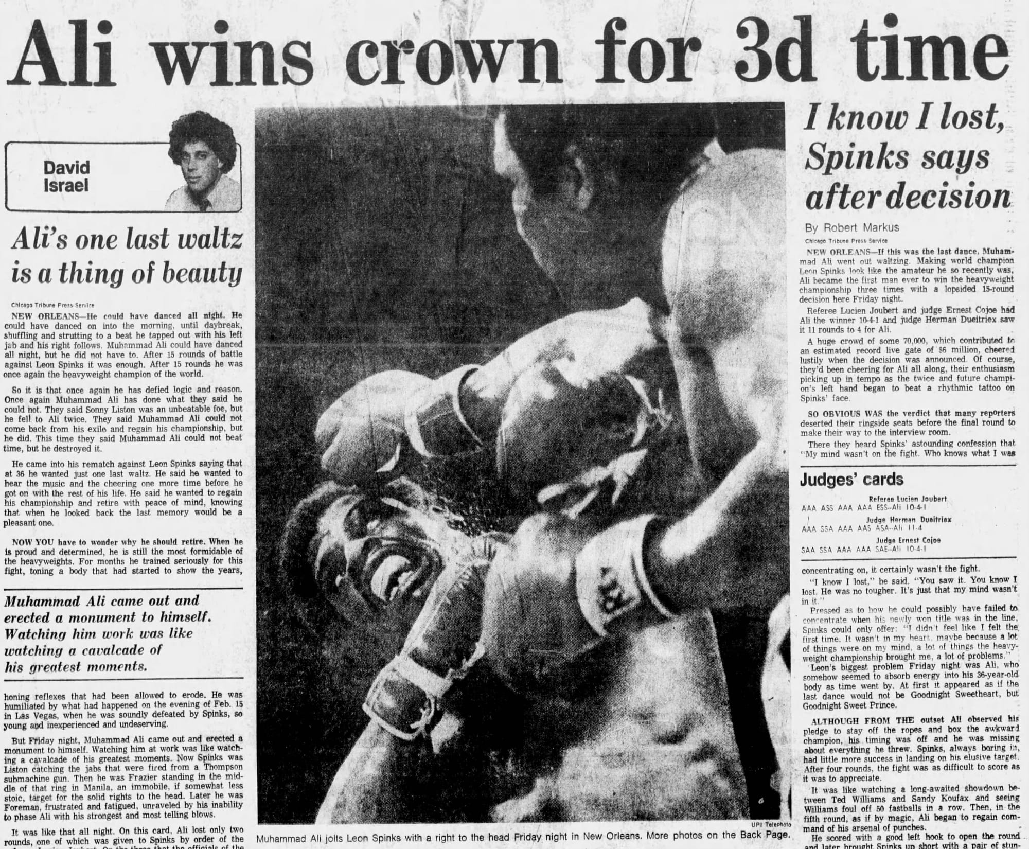 The Chicago Tribune, Sept. 16, 1978: "Ali wins crown for 3d time." The night-of estimates, a crowd of 70,000 and a $6 million gate, both came down when the official numbers came in. (UPI Telephoto)