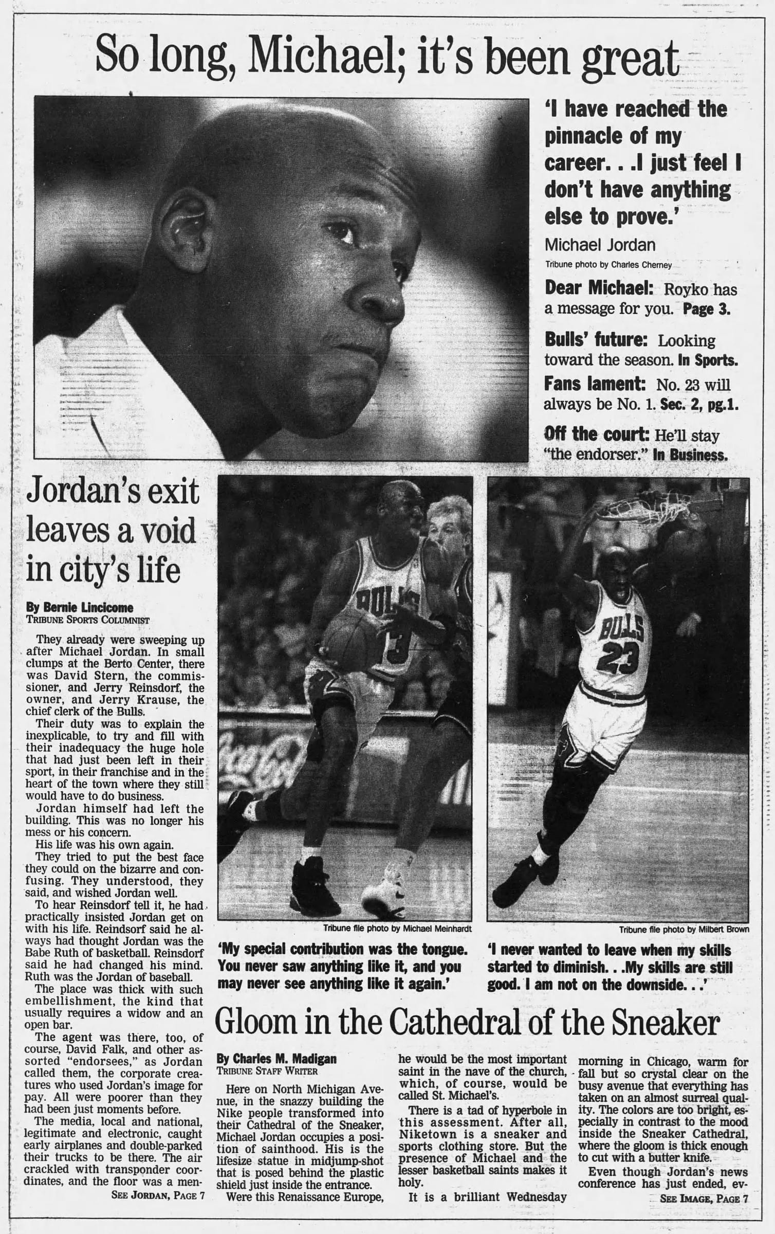 The Chicago Tribune's special section the next morning, Oct. 7, 1993: "So long, Michael; it's been great." (Tribune photo by Charles Cherney)