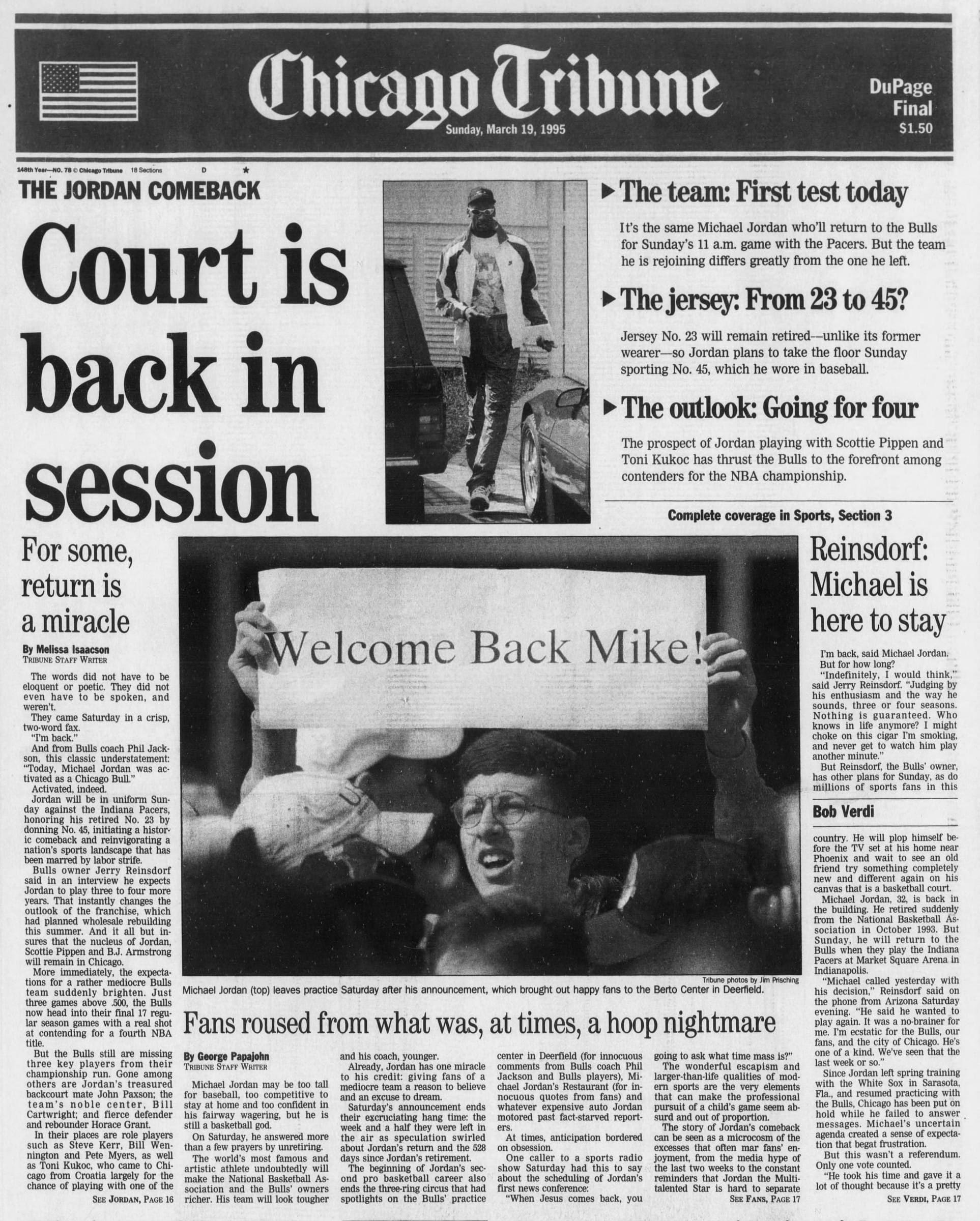 The Chicago Tribune, Sunday, March 19, 1995: "Court is back in session." (Tribune photos by Jim Prisching)
