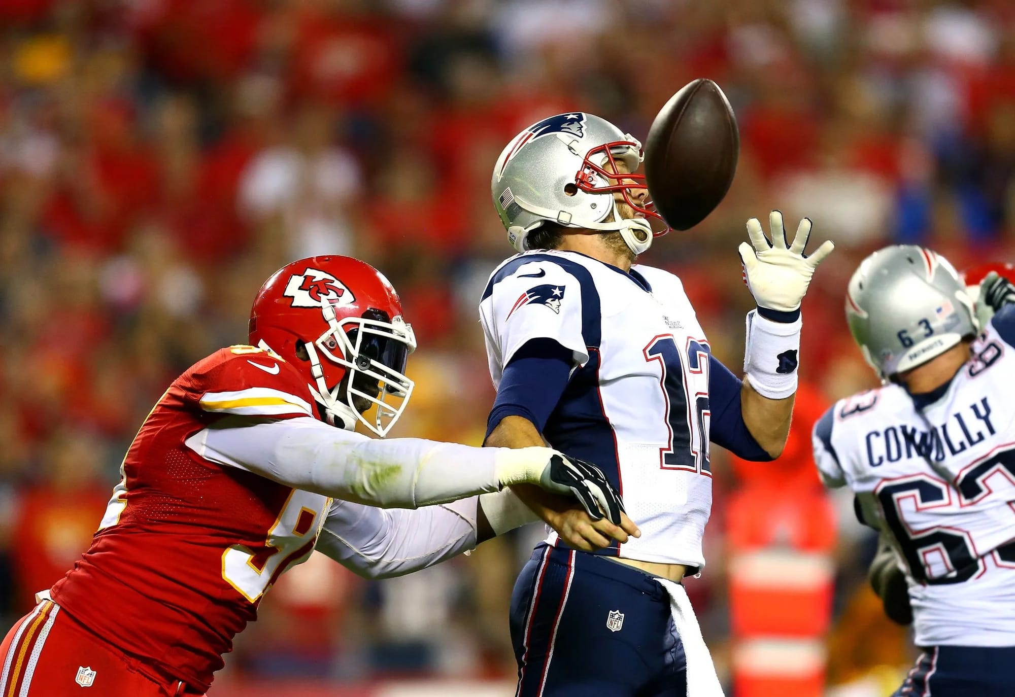 Tom Brady under pressure at Kansas City in the 41-14 loss that started the "is it over?" questions.