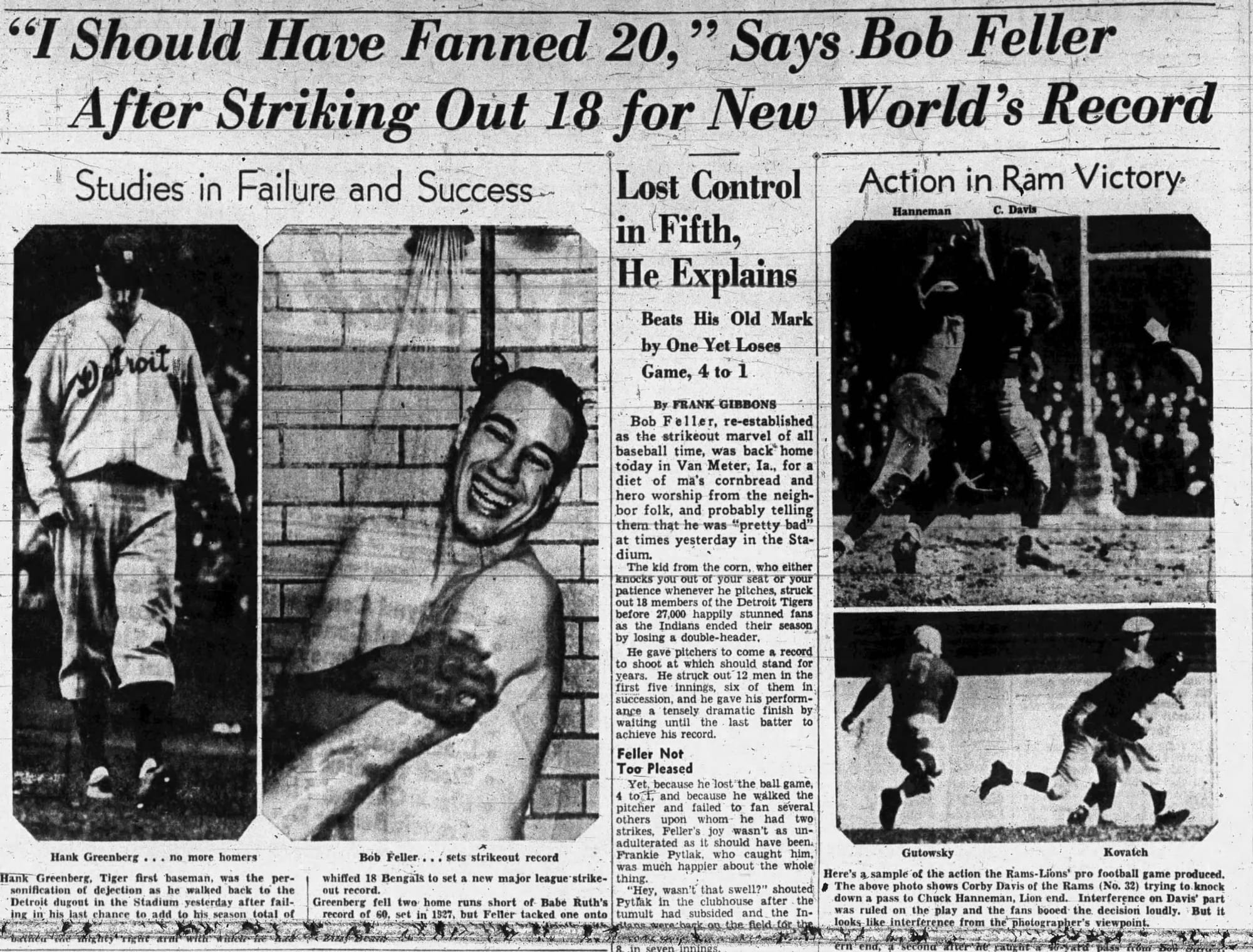 The Cleveland Press, Oct. 3, 1938: "'I Should Have Fanned 20,' Says Bob Feller After Striking Out 18 for New World's Record." Greenberg, at left: "no more homers."