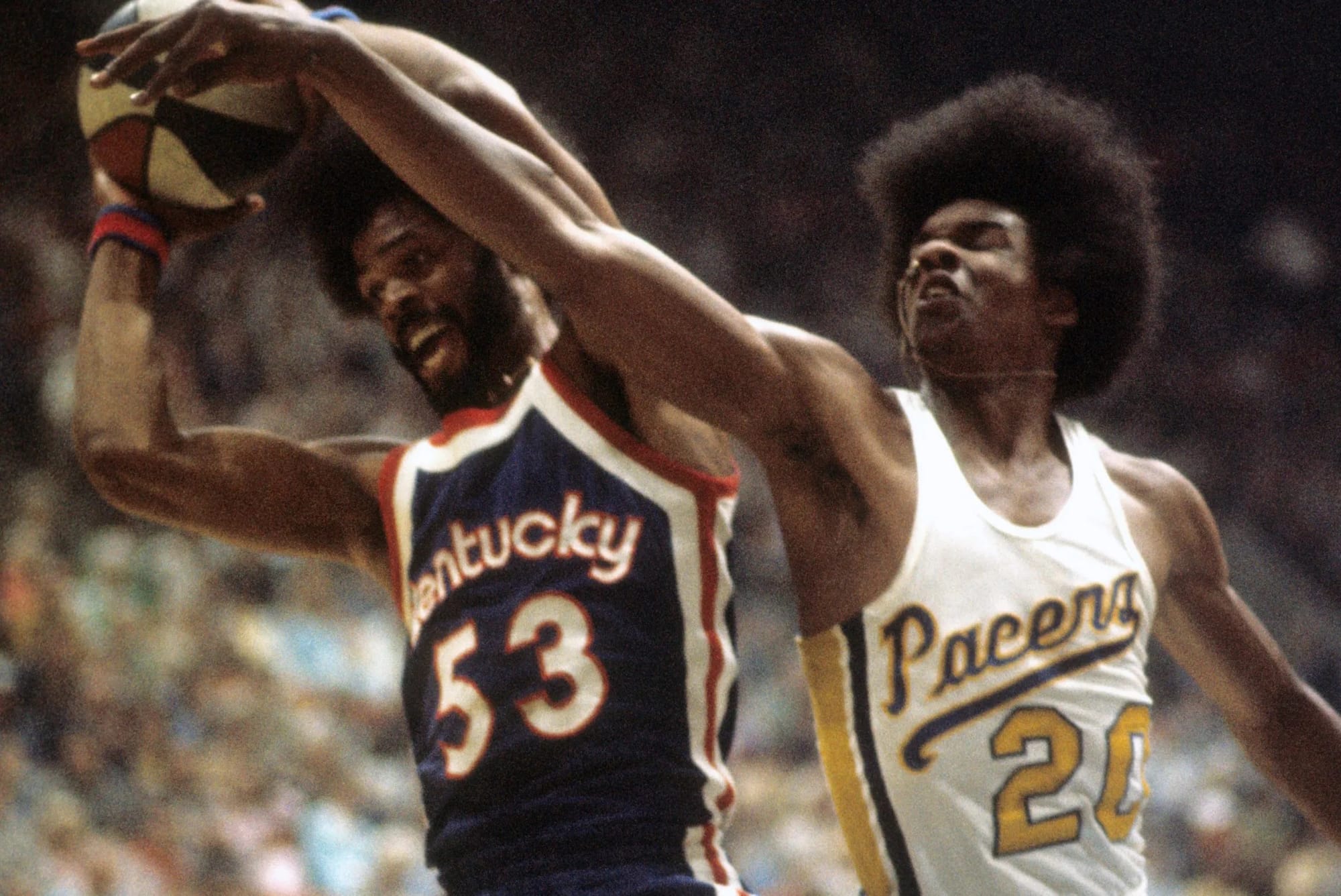 Artis Gilmore (53) of the Kentucky Colonels battles the Indiana Pacers.