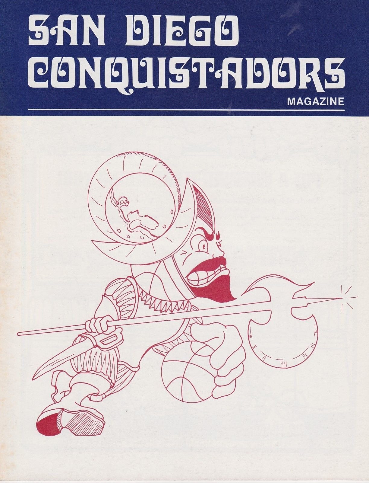 The Conquistadors' team magazine and its cartoon conquistador.