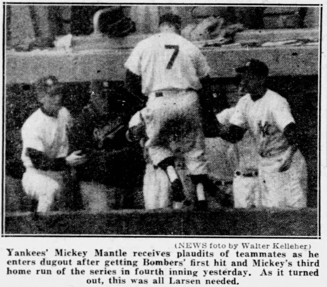 The Daily News, Oct. 9, 1956: Mantle comes into the dugout after his 4th-inning home run. "As it turned out, this was all Larsen needed." (NEWS foto by Walter Kelleher)