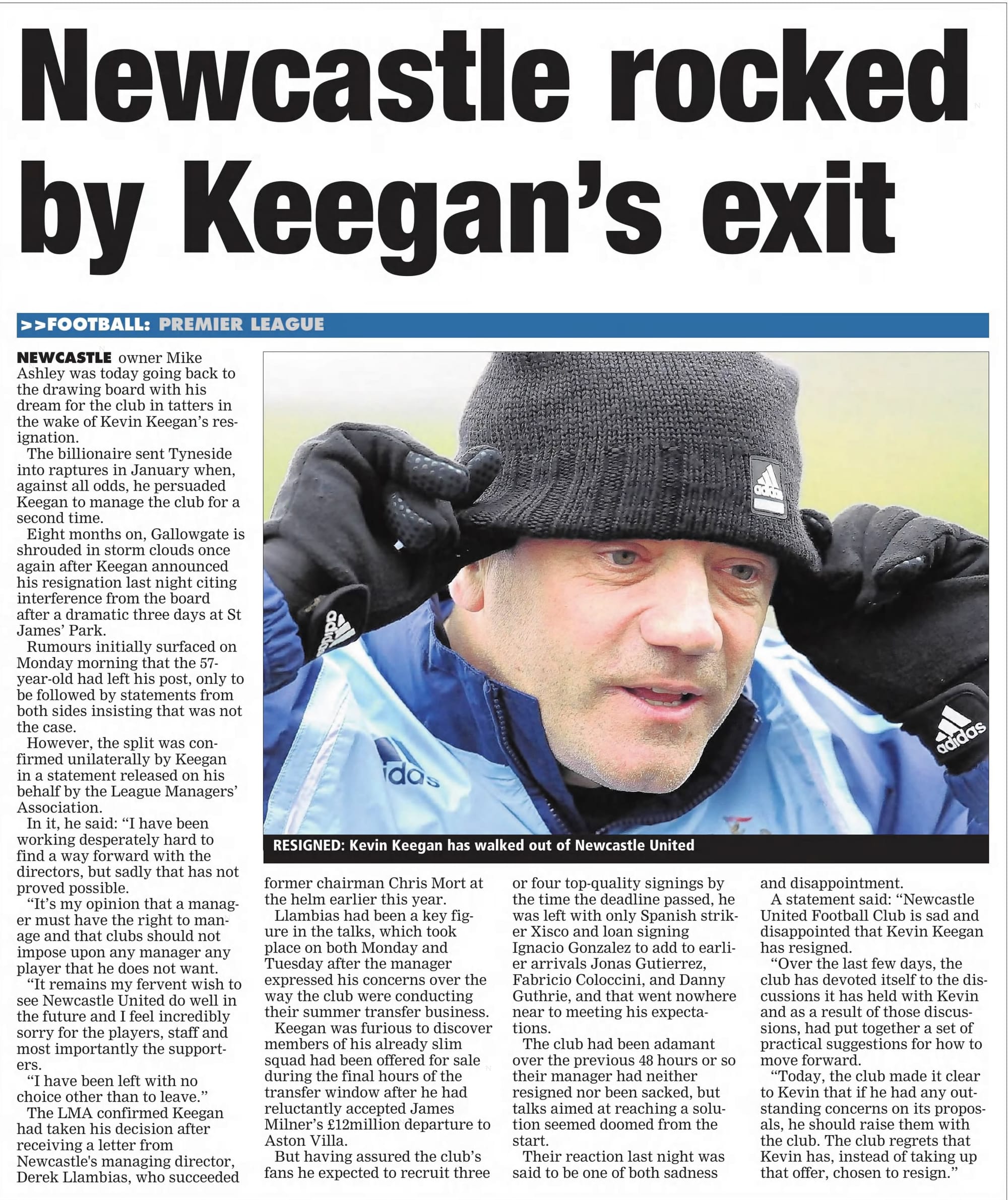 The Daily Echo, Sept. 5, 2008: "Newcastle rocked by Keegan's exit."