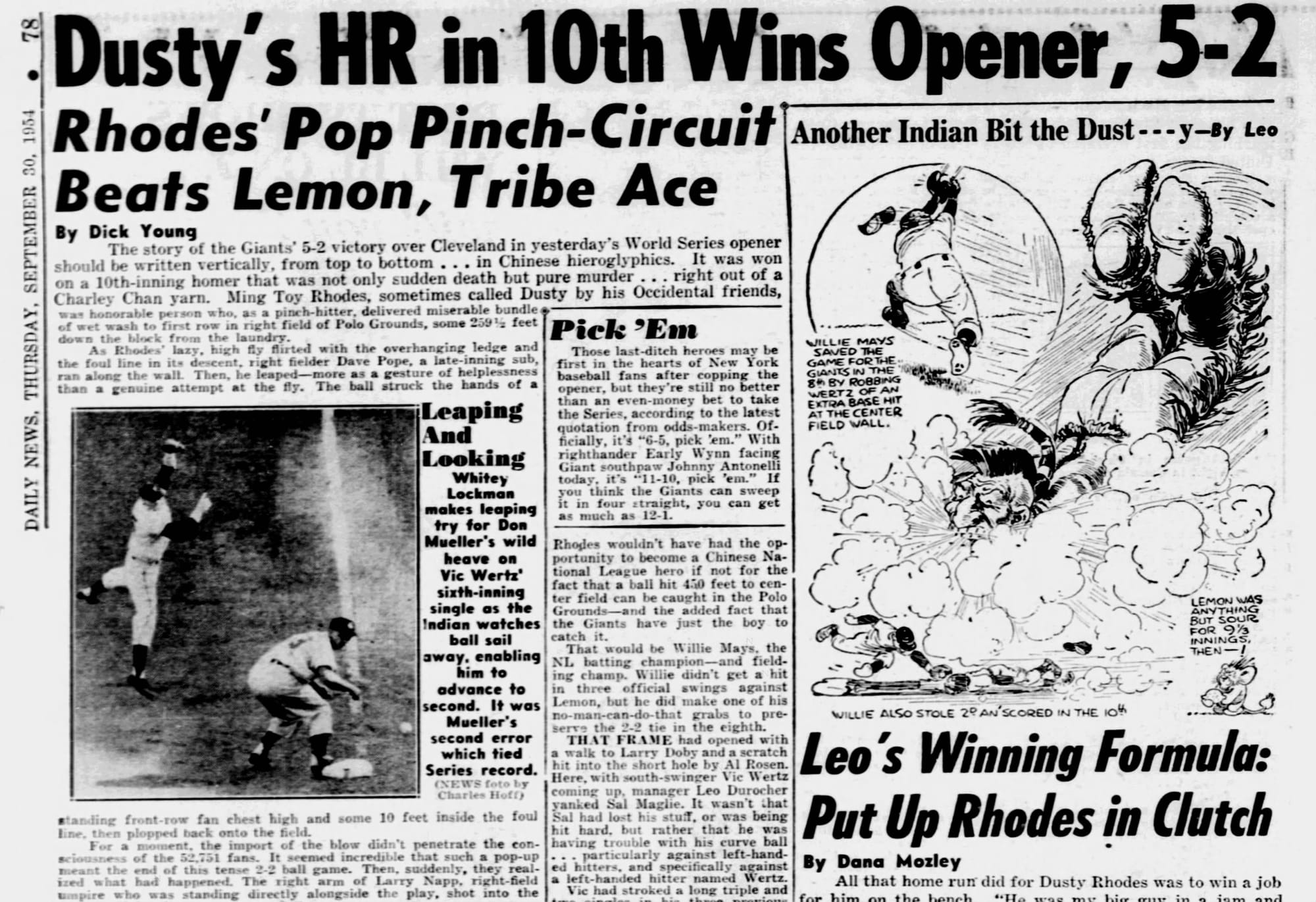 The New York Daily News, Sept. 30, 1954: "Dusty's HR in 10th Wins Opener, 5-2."