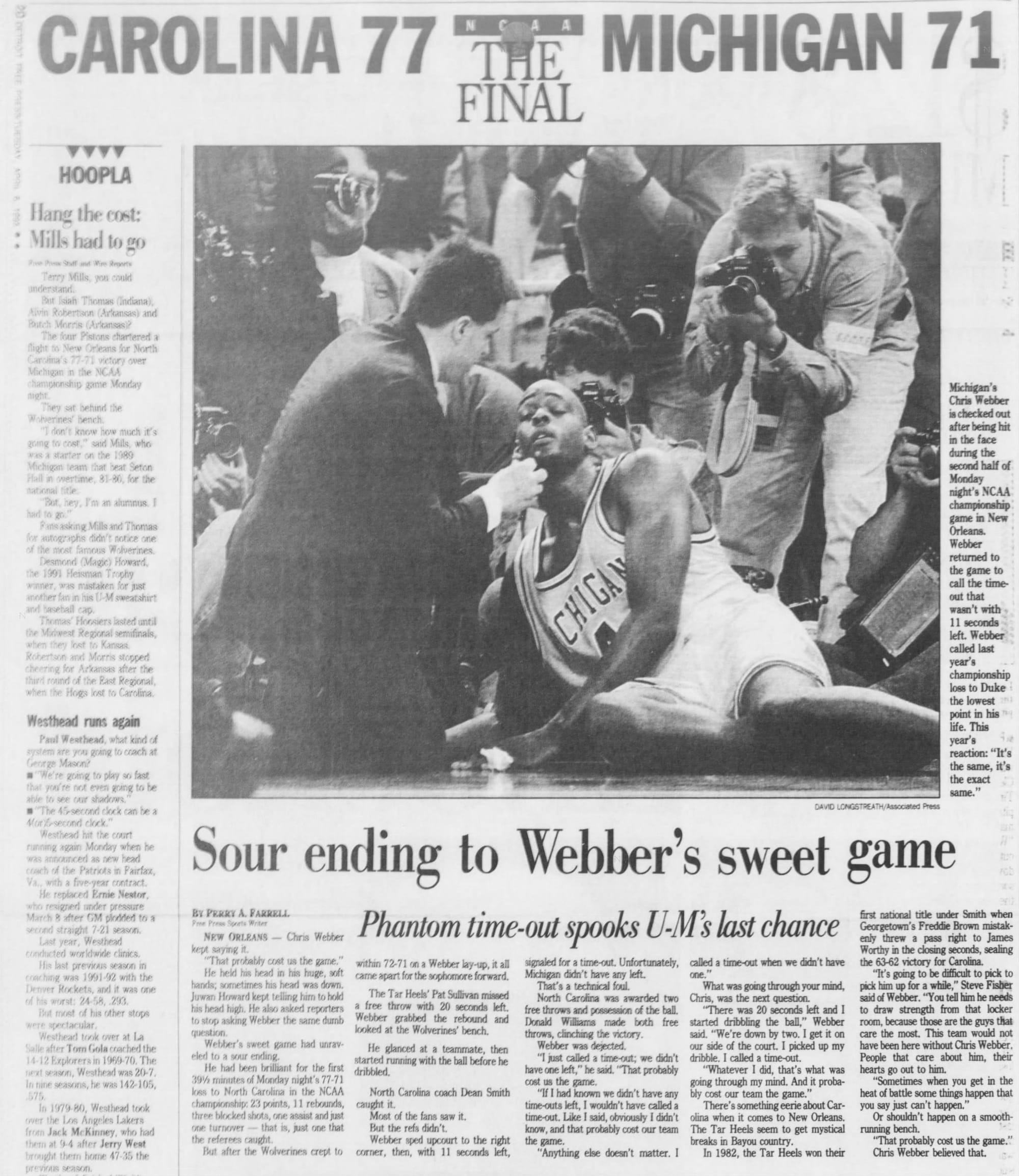 The Detroit Free Press, April 6, 1993: "Sour ending to Webber's sweet game." (Photo: David Longstreath/Associated Press)