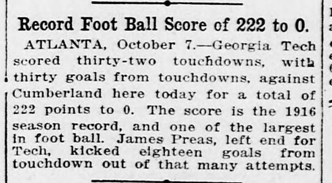 The AP story in the Washington Sunday Star, Oct. 8, 1916: "Record Foot Ball Score of 222 to 0." (Library of Congress, Chronicling America)