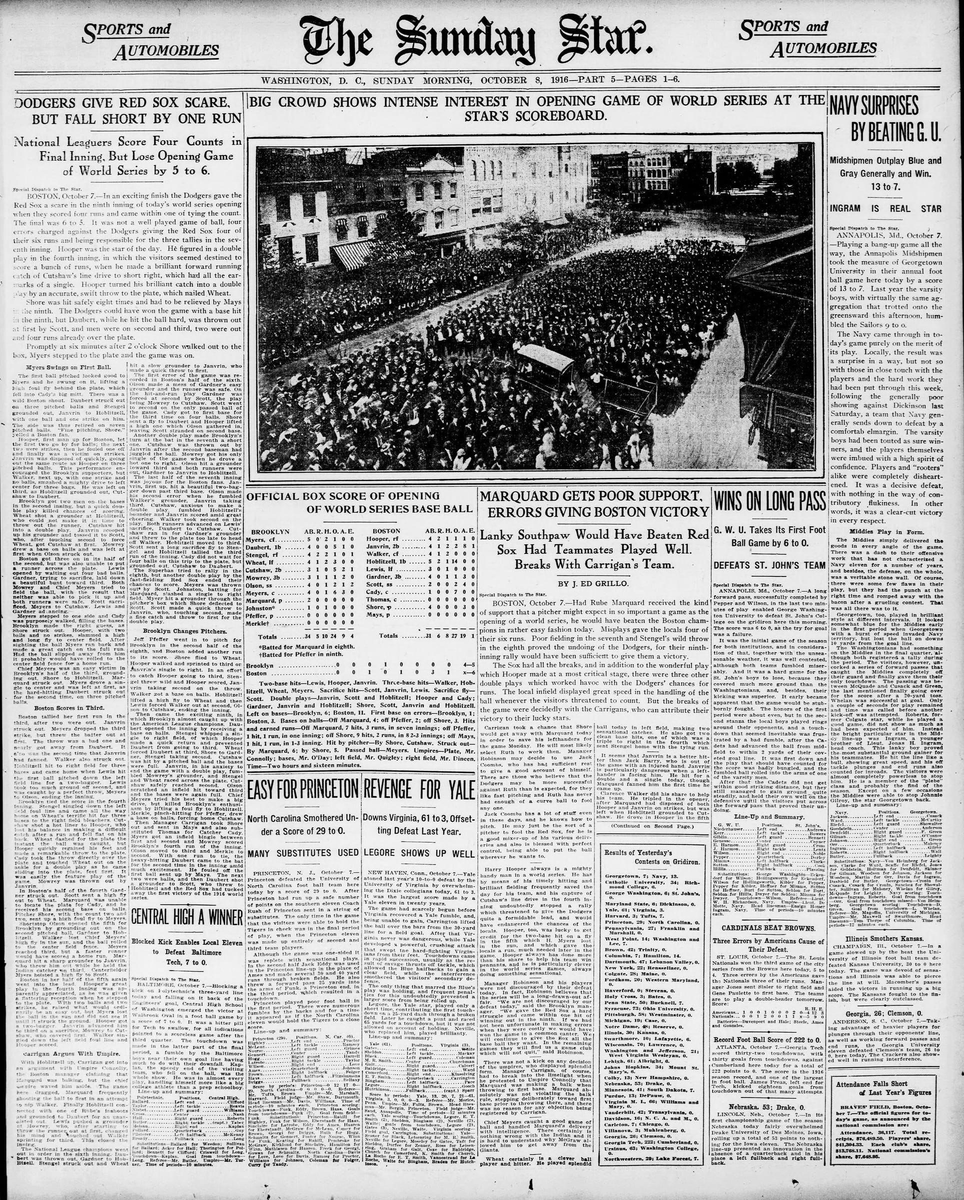 The Washington Sunday Star's sports page, Oct. 8, 1916. The World Series opener got the top of the page. Tech 222, Cumberland 0 got a paragraph at the bottom right. (Library of Congress, Chronicling America)