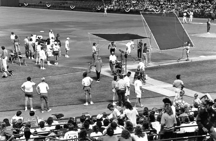 Filming at County Stadium, summer 1988.