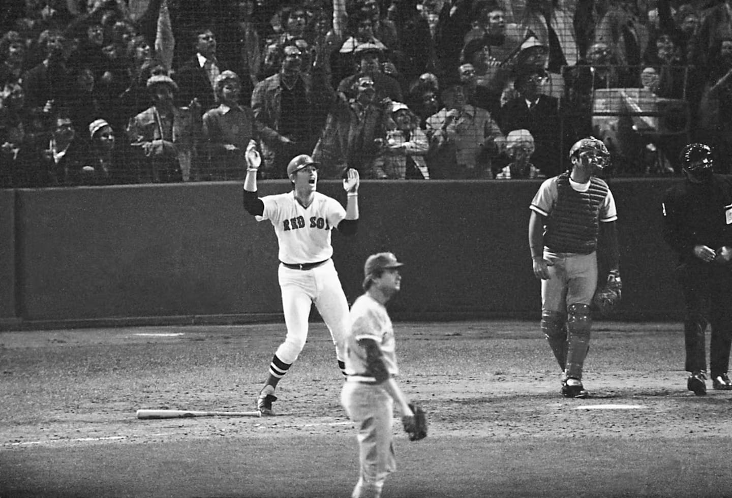 Carlton Fisk at home plate at Fenway Park.