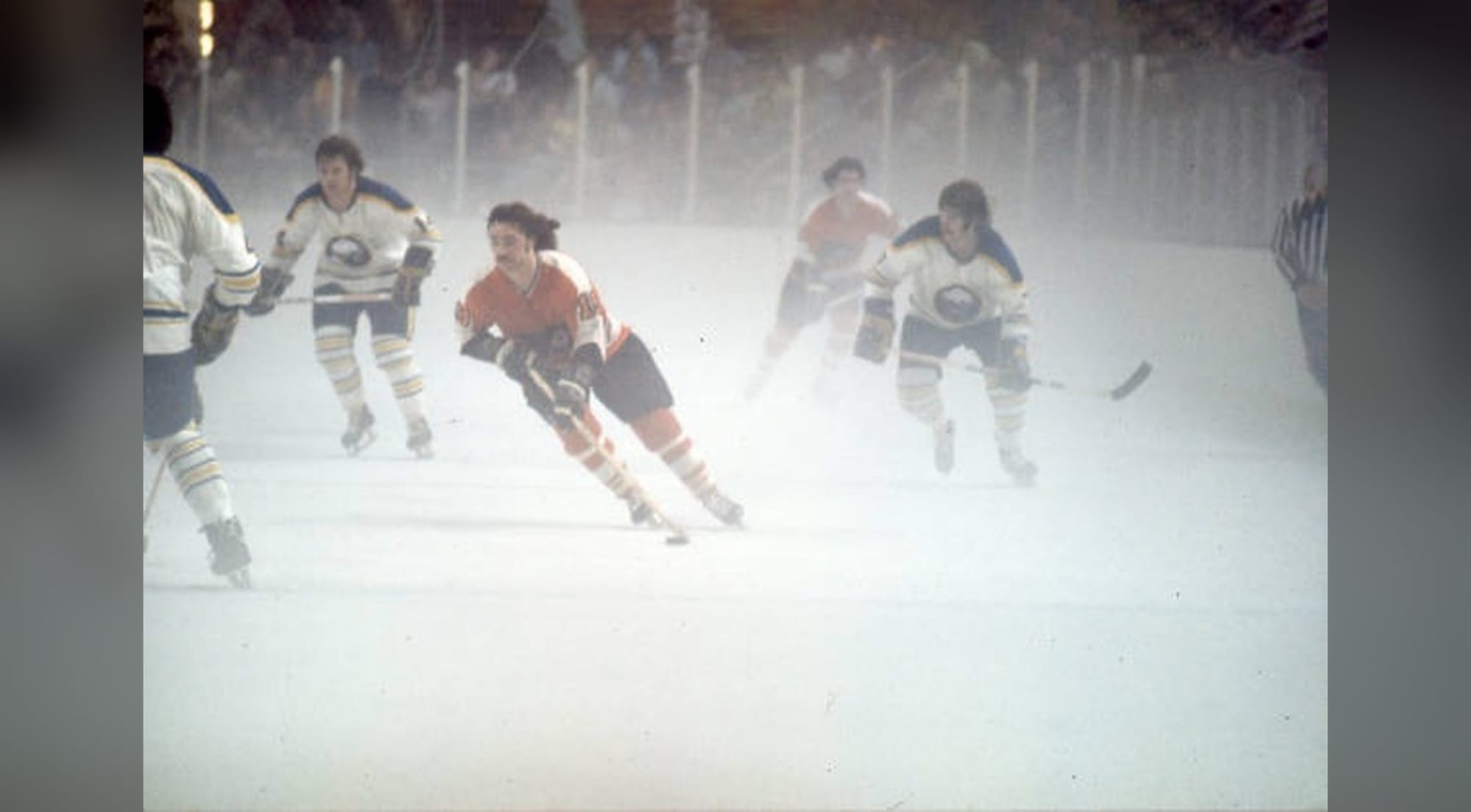 The Sabres and Flyers skate through the fog at Buffalo Memorial Auditorium in Game 3 of the 1975 Stanley Cup Final.
