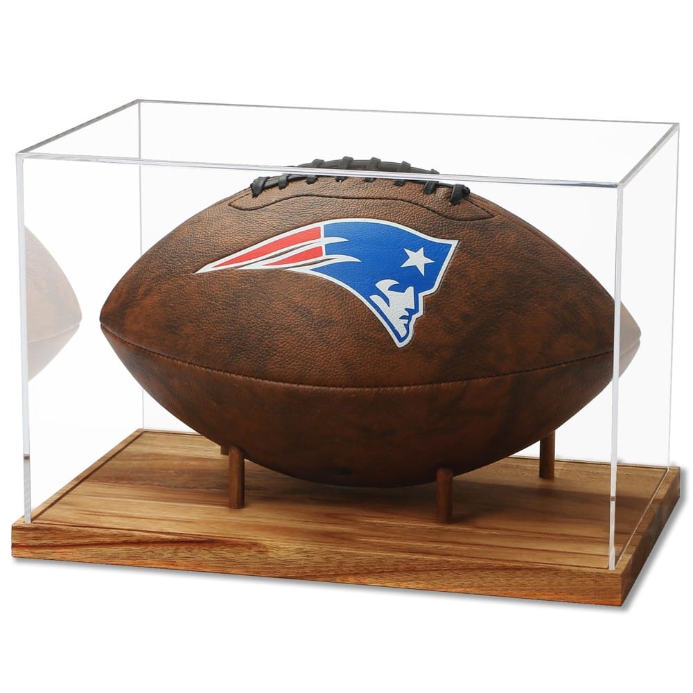 The JupDec acrylic football case on an acacia base.