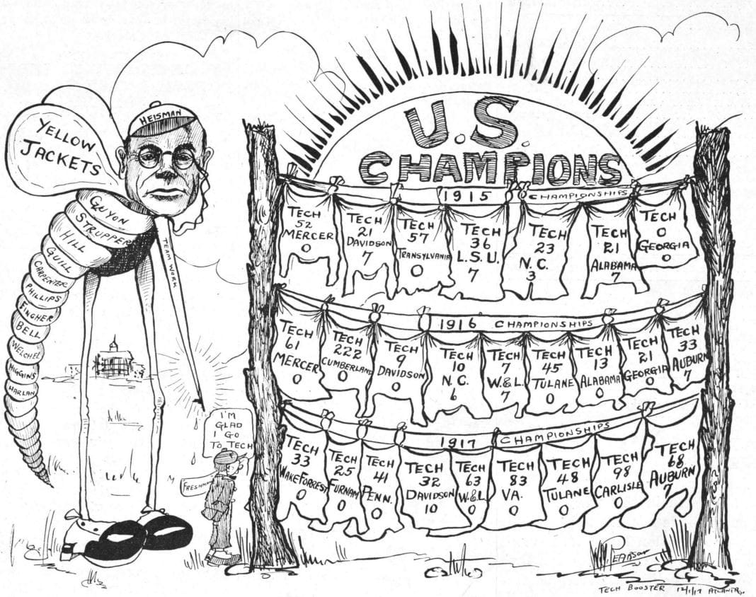 A cartoon from the Technique, Georgia Tech's student paper, Dec. 4, 1917, with the scores of the 1915, 1916 and 1917 seasons under a banner reading "U.S. Champions." The 1916 row includes "Tech 222, Cumberland 0."
