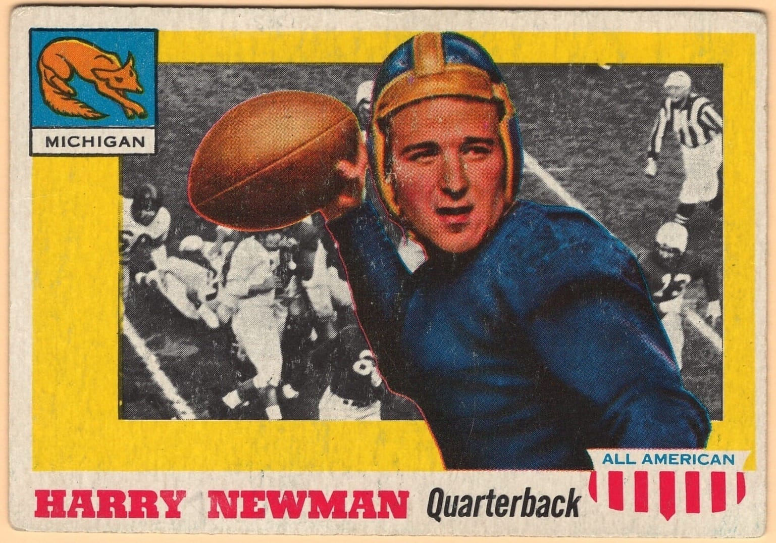 Harry Newman on his 1955 Topps All-American card, as a Michigan quarterback. In 1933 he was a Giants rookie and led the league in passing.