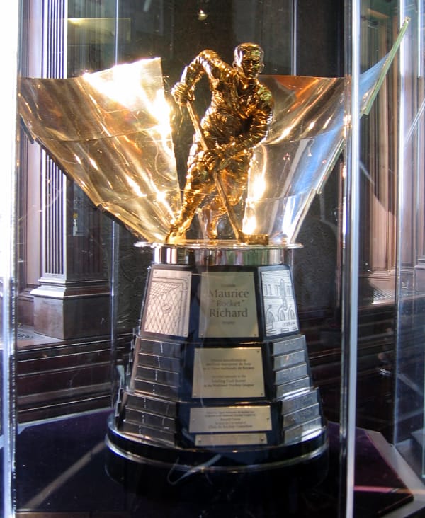 The Maurice "Rocket" Richard Trophy, given since 1999 to the NHL's leading goal scorer. (Photo: Kmf164, CC BY-SA 2.5, via Wikimedia Commons)