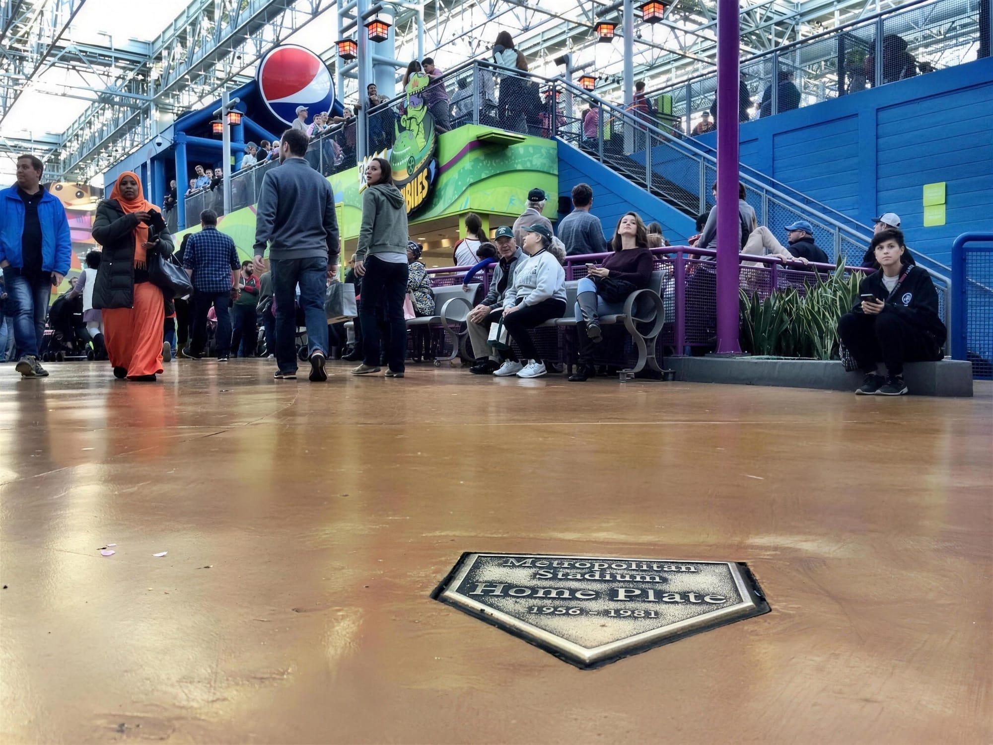 The Metropolitan Stadium home-plate plaque in the floor of Nickelodeon Universe.