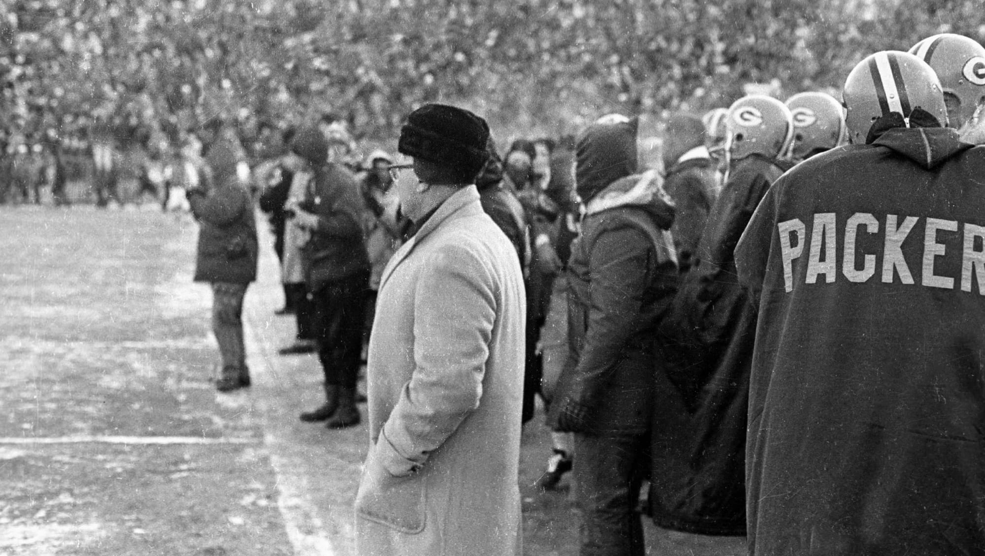 Bundled up on the Packers' sideline during the Ice Bowl, Dec. 31, 1967.