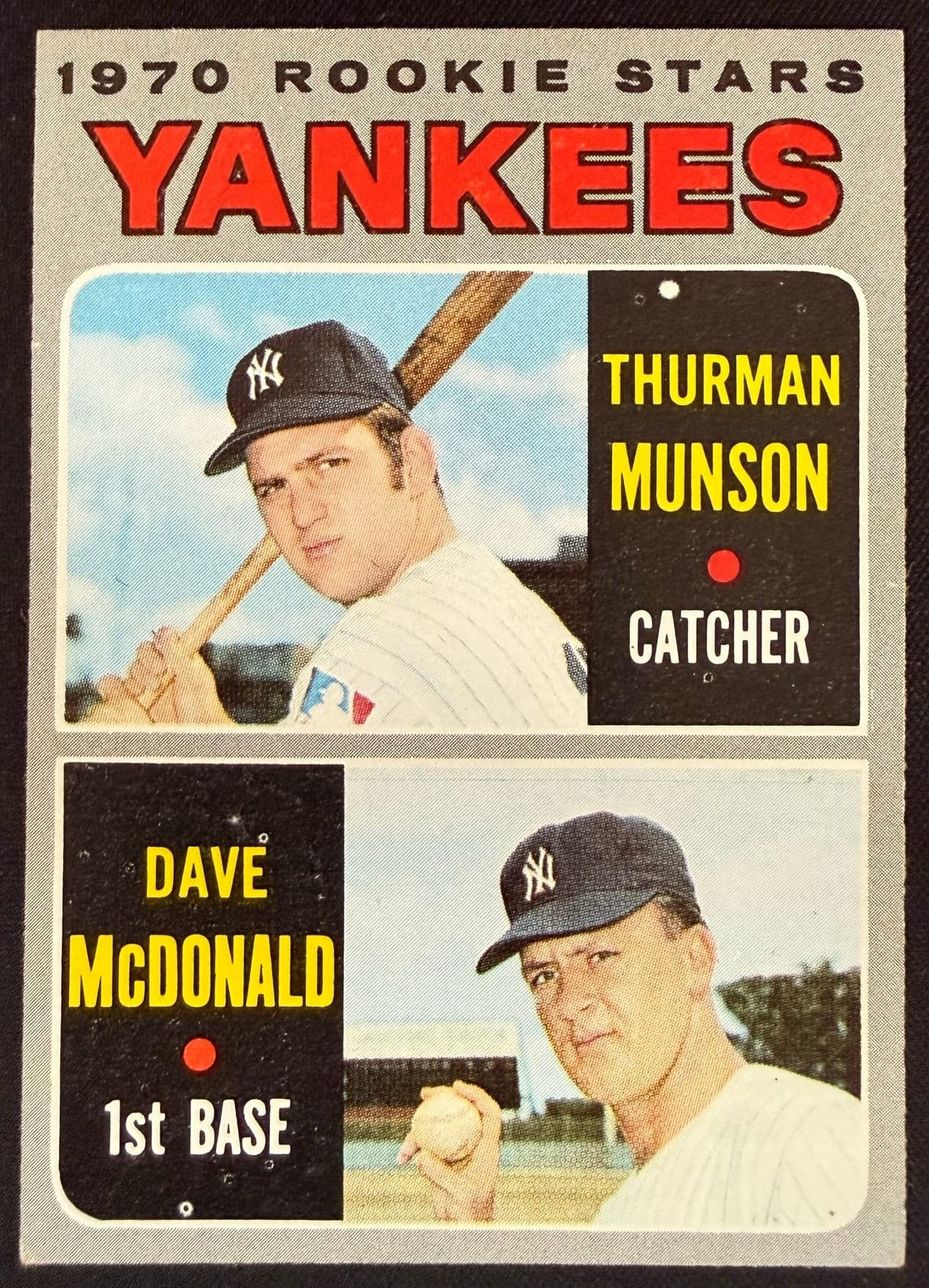 A 1970 Topps Yankees Rookie Stars card with Thurman Munson.