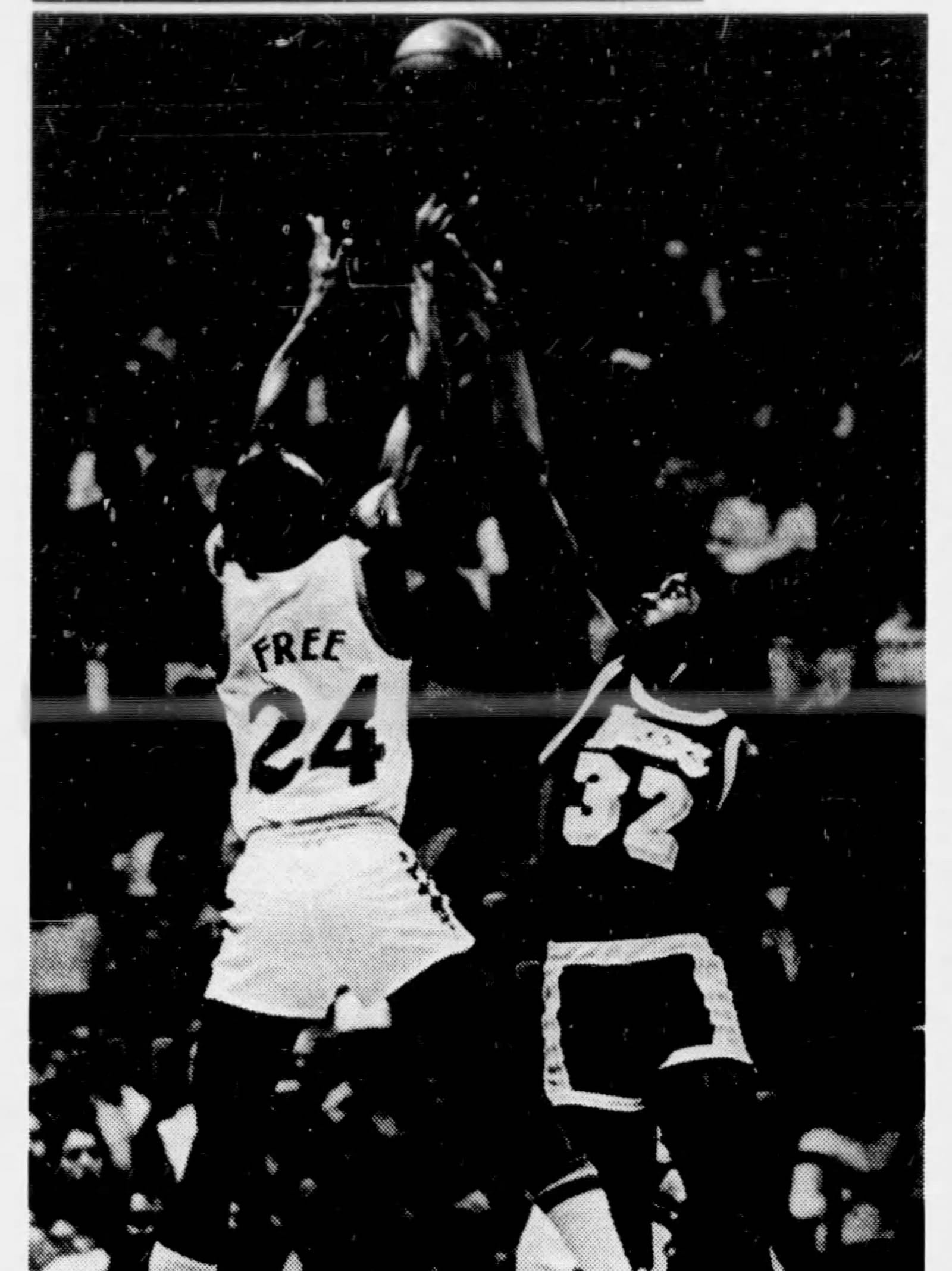 Los Angeles Times, Oct. 13, 1979: San Diego's Lloyd Free (24) shoots over Magic Johnson (32) in Johnson's NBA debut.