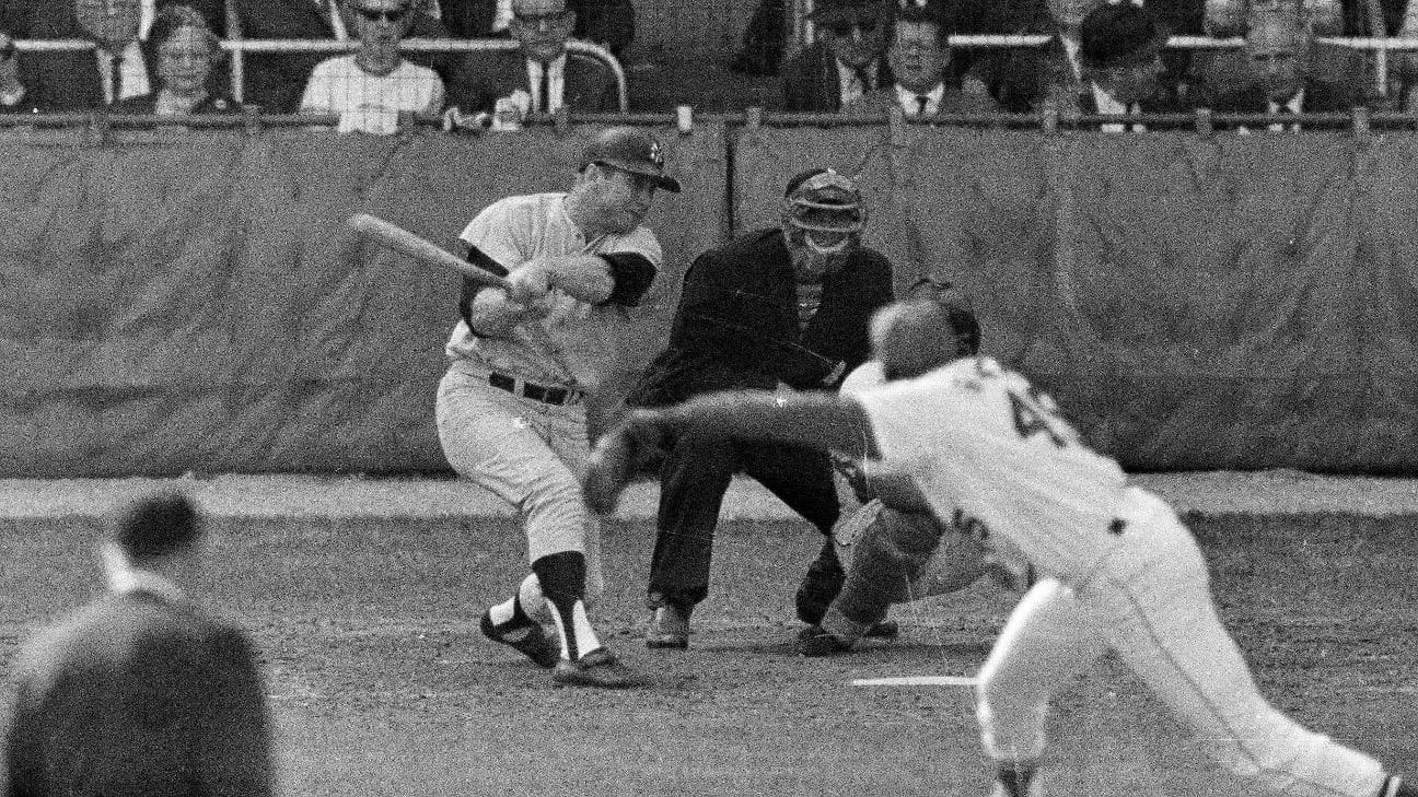 Mickey Mantle at the plate at Yankee Stadium.