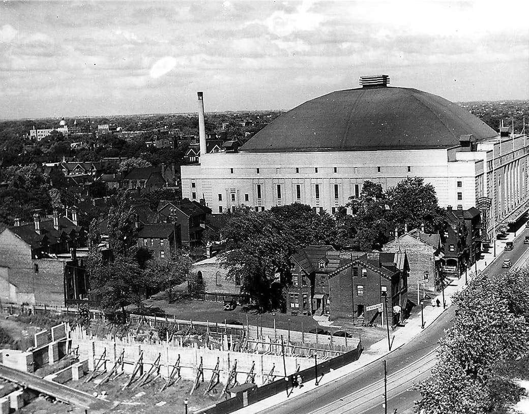 Maple Leaf Gardens on Carlton Street, about 1934, 3 years after it opened. (Photo: William James, public domain, via Wikimedia Commons)