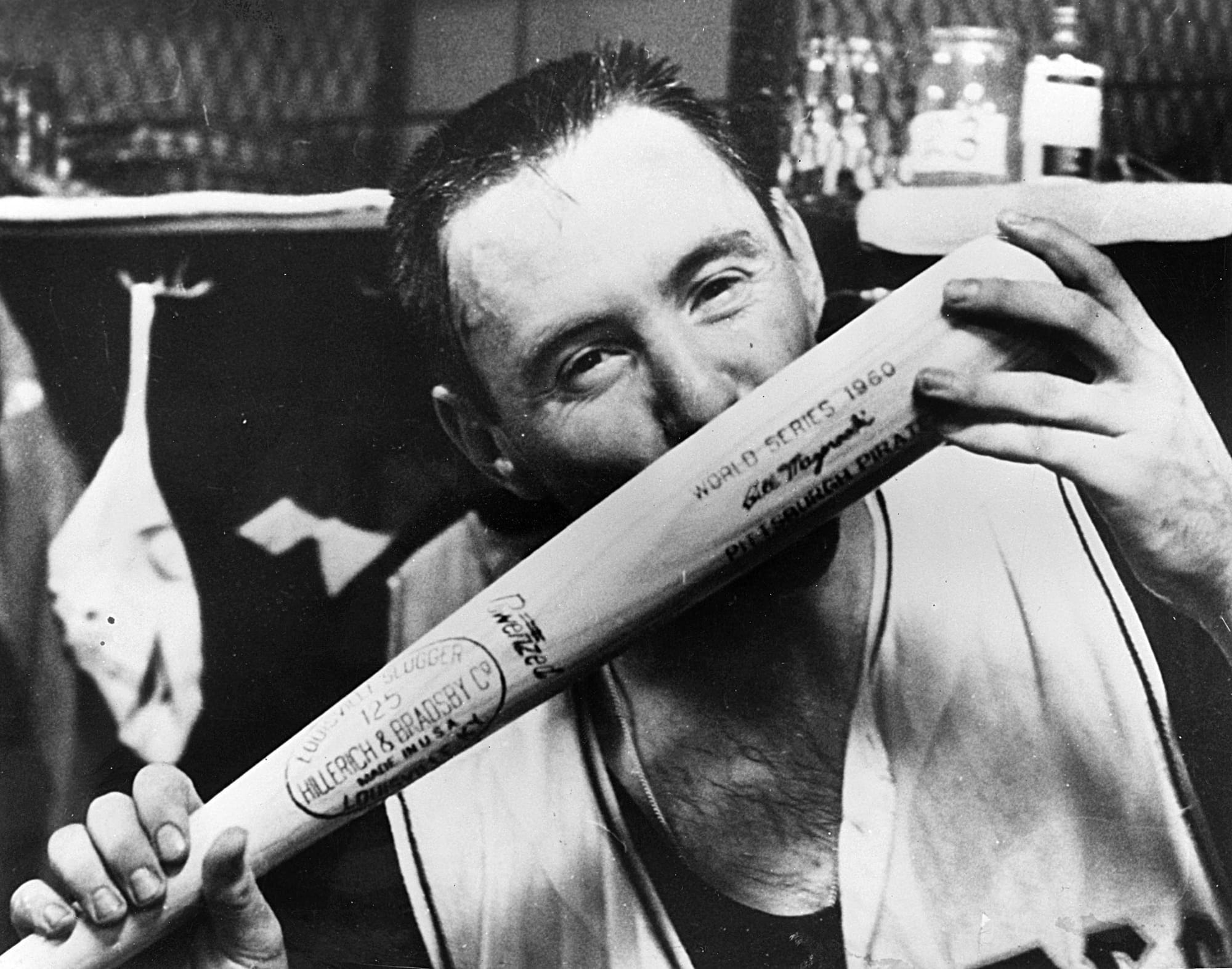 Mazeroski and the bat, in the clubhouse after Game 7.