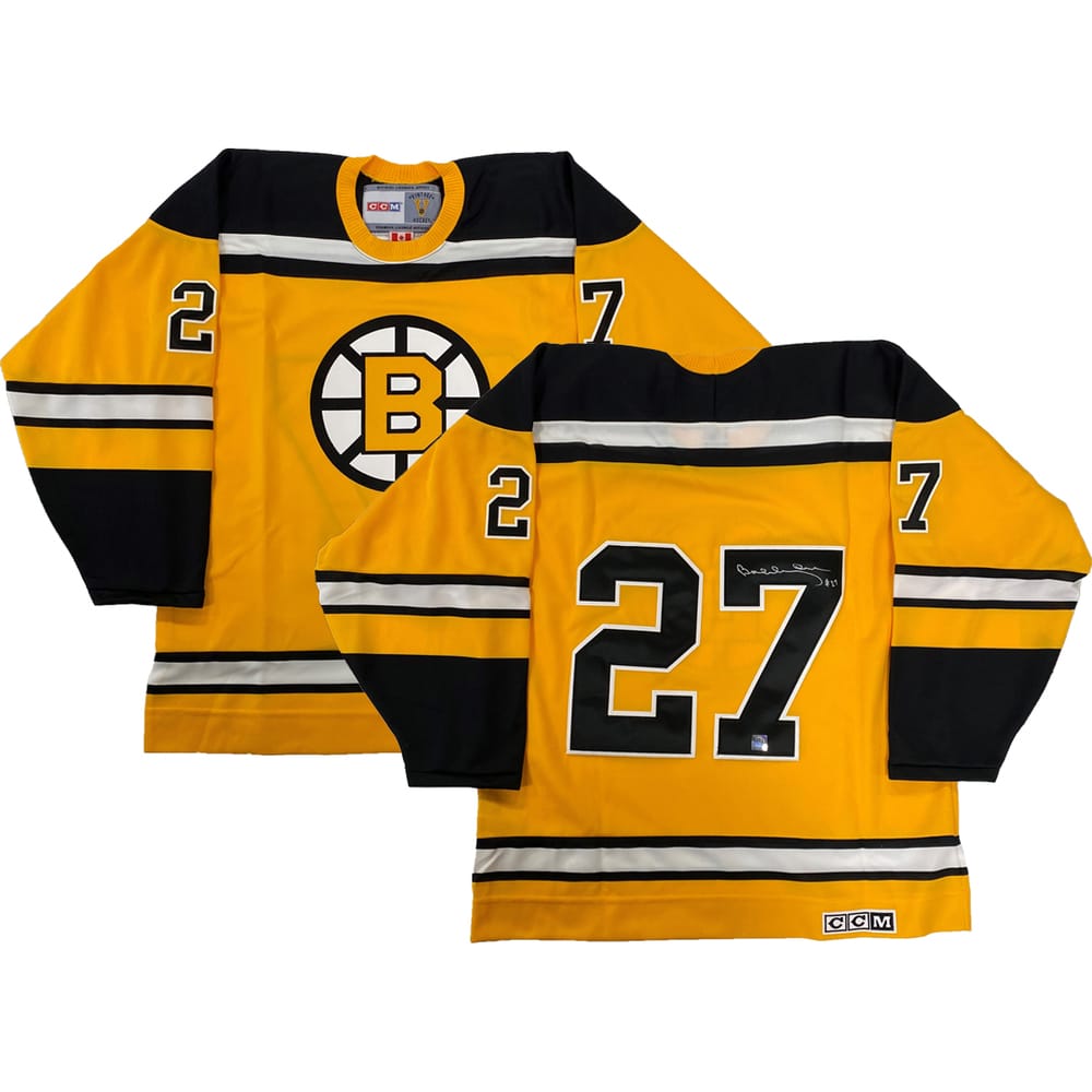 A signed No. 27 Bruins jersey, the number Orr wore in camp before he took No. 4.