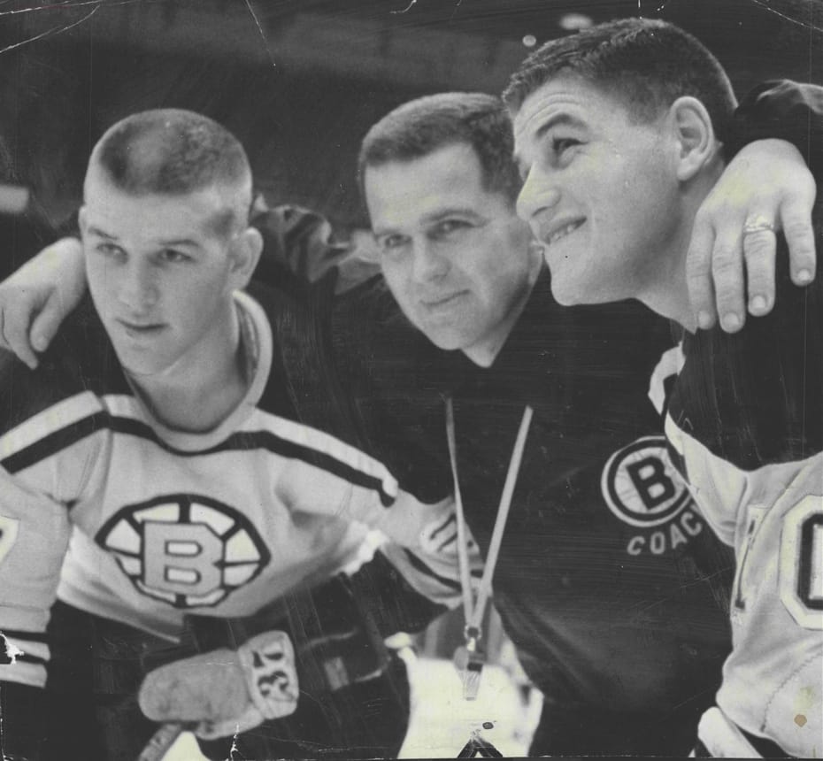Orr, left, in No. 27 at his first Bruins training camp in 1966.