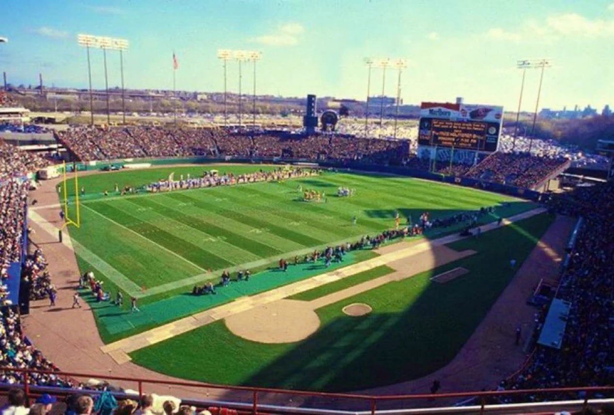 Football at County Stadium: the gridiron ran from the third-base line into the outfield, and the sightlines were never good.