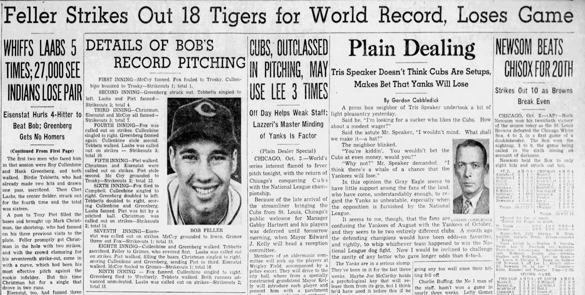 The Plain Dealer, Oct. 3, 1938: "Feller Strikes Out 18 Tigers for World Record, Loses Game." The deck: "Whiffs Laabs 5 Times; 27,000 See Indians Lose Pair."