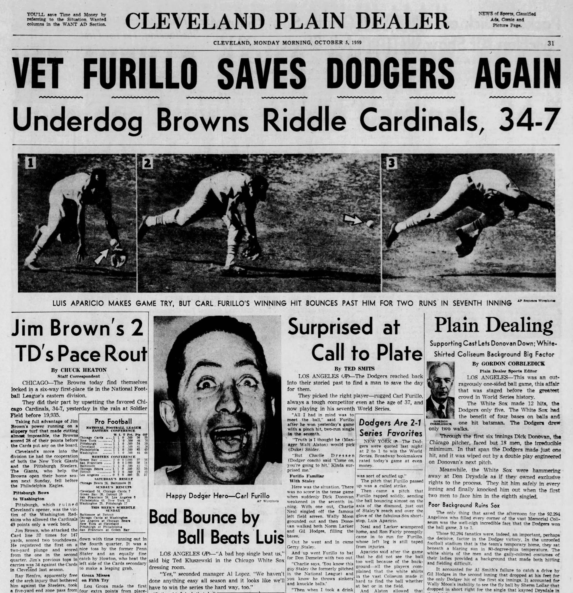 The Plain Dealer, Oct. 5, 1959: Furillo and the Dodgers on top, the Browns underneath, and Chuck Heaton's "Jim Brown's 2 TD's Pace Rout."