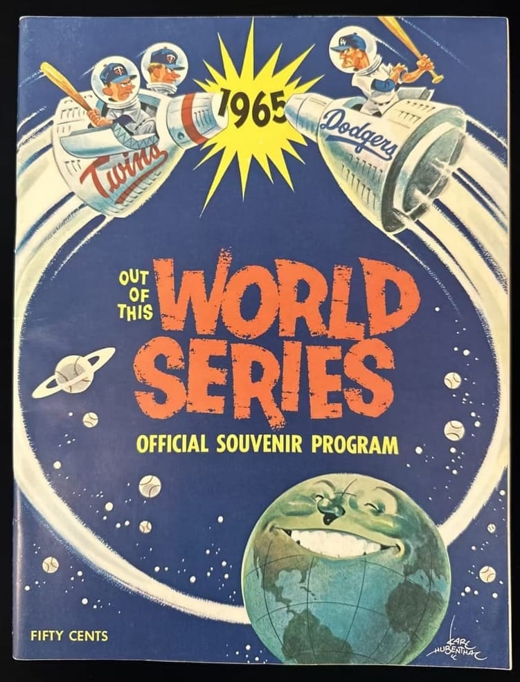 The official souvenir program for the 1965 World Series, 50 cents. Cover art by Karl Hubenthal.