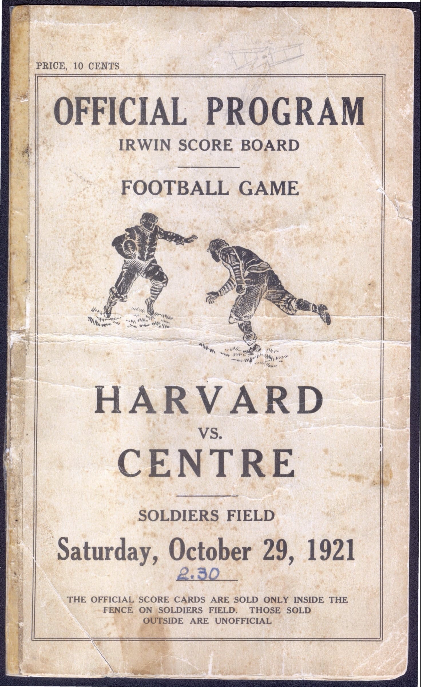 The official program for Harvard vs. Centre, Saturday, Oct. 29, 1921. (Centre College Digital Archives)
