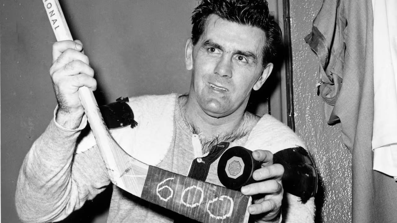Richard with the puck and a taped stick marking his 600th goal, regular season and playoffs combined.