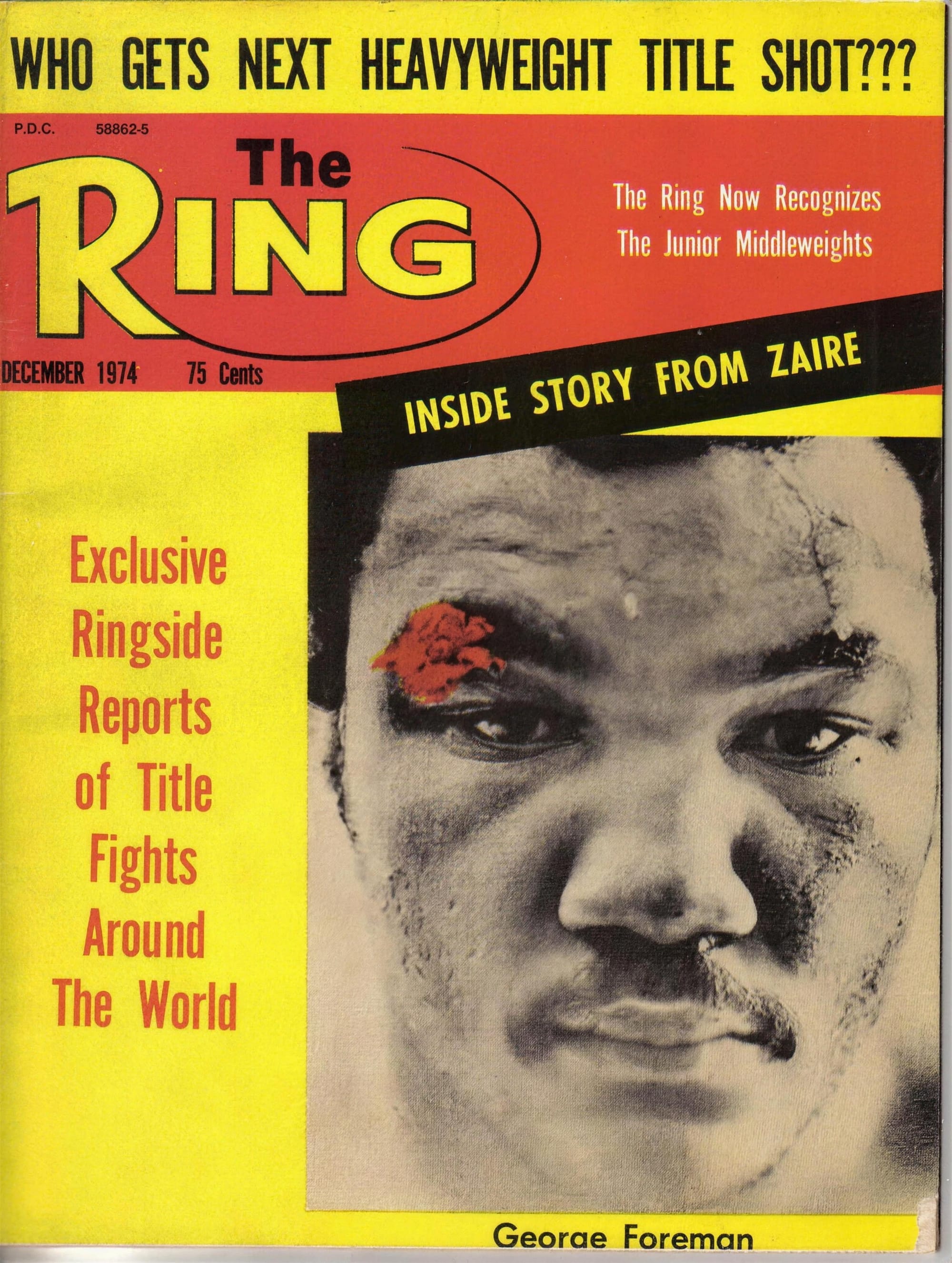 Foreman’s cut eye on the cover of The Ring, December 1974.