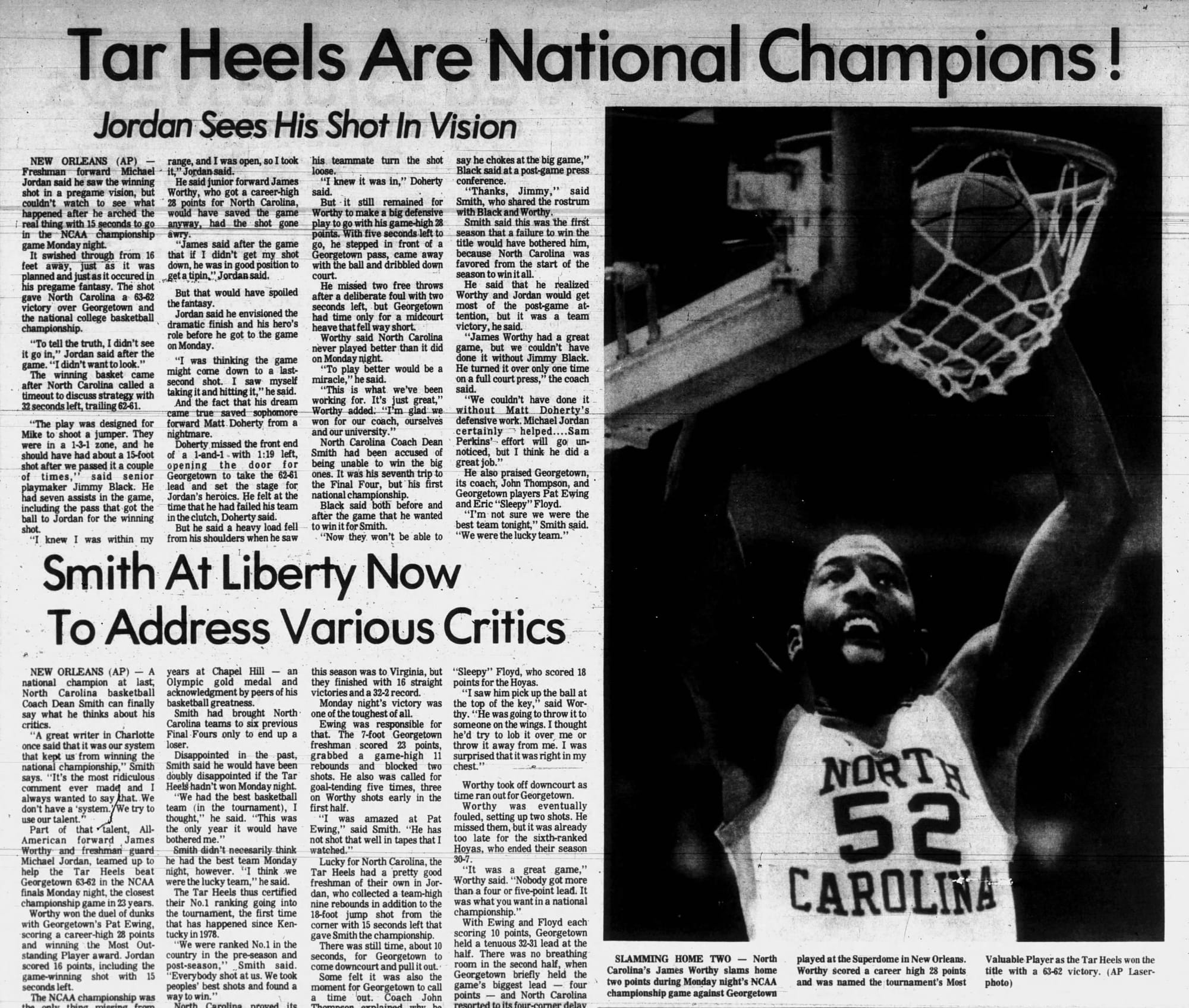 The Rocky Mount (N.C.) Telegram, March 30, 1982: "Tar Heels Are National Champions!" and "Jordan Sees His Shot In Vision." (AP Laserphoto)
