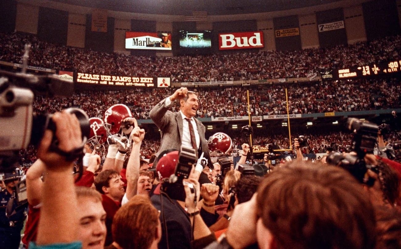 Gene Stallings is carried off the Superdome floor after the 34-13 win, Jan. 1, 1993.