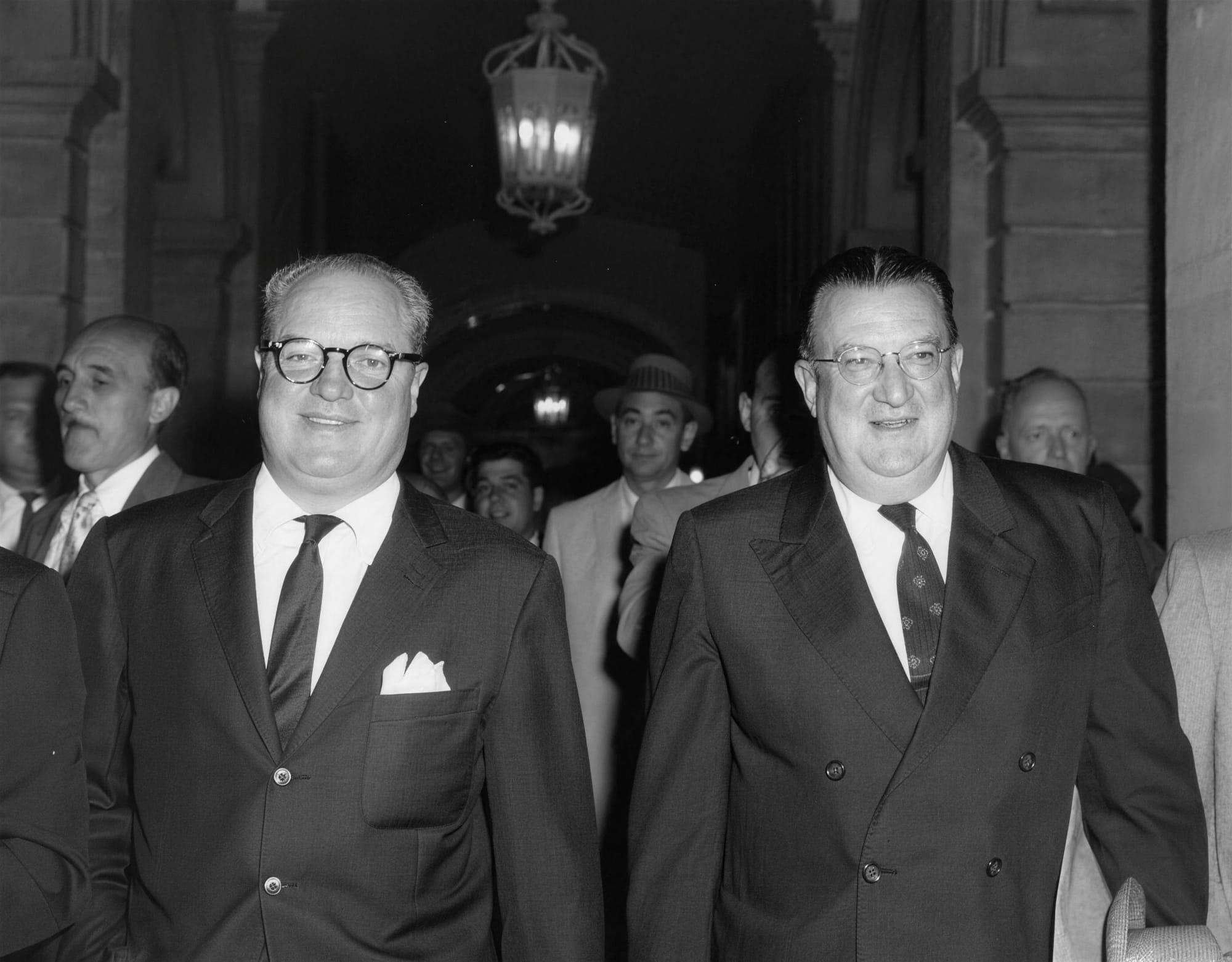 Stoneham (left) and Dodgers owner Walter O'Malley, who talked him into going west together.