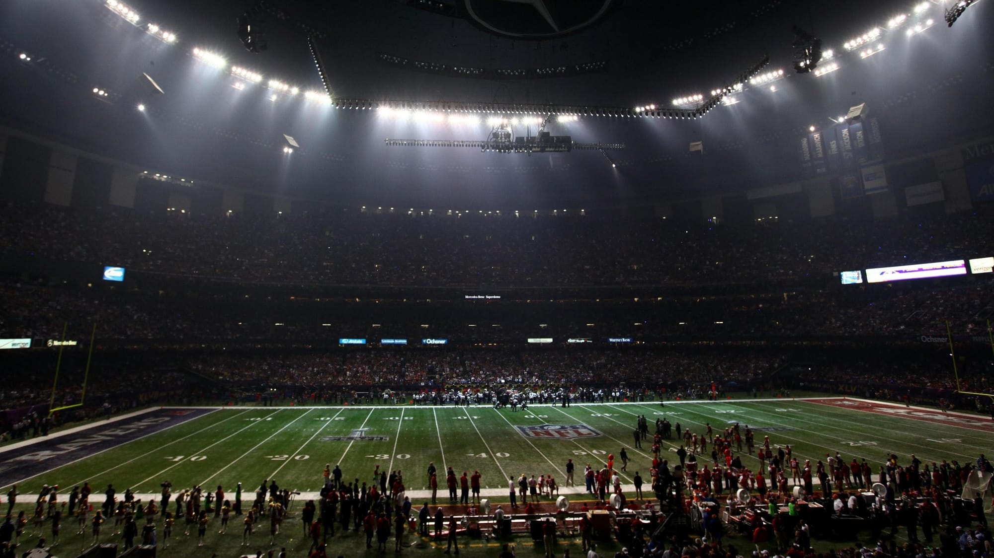 The Superdome half-lit during the 34-minute stoppage in Super Bowl XLVII, Feb. 3, 2013.