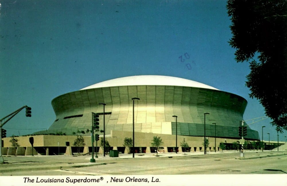 The Louisiana Superdome on a 1970s postcard, not long after it opened in August 1975.