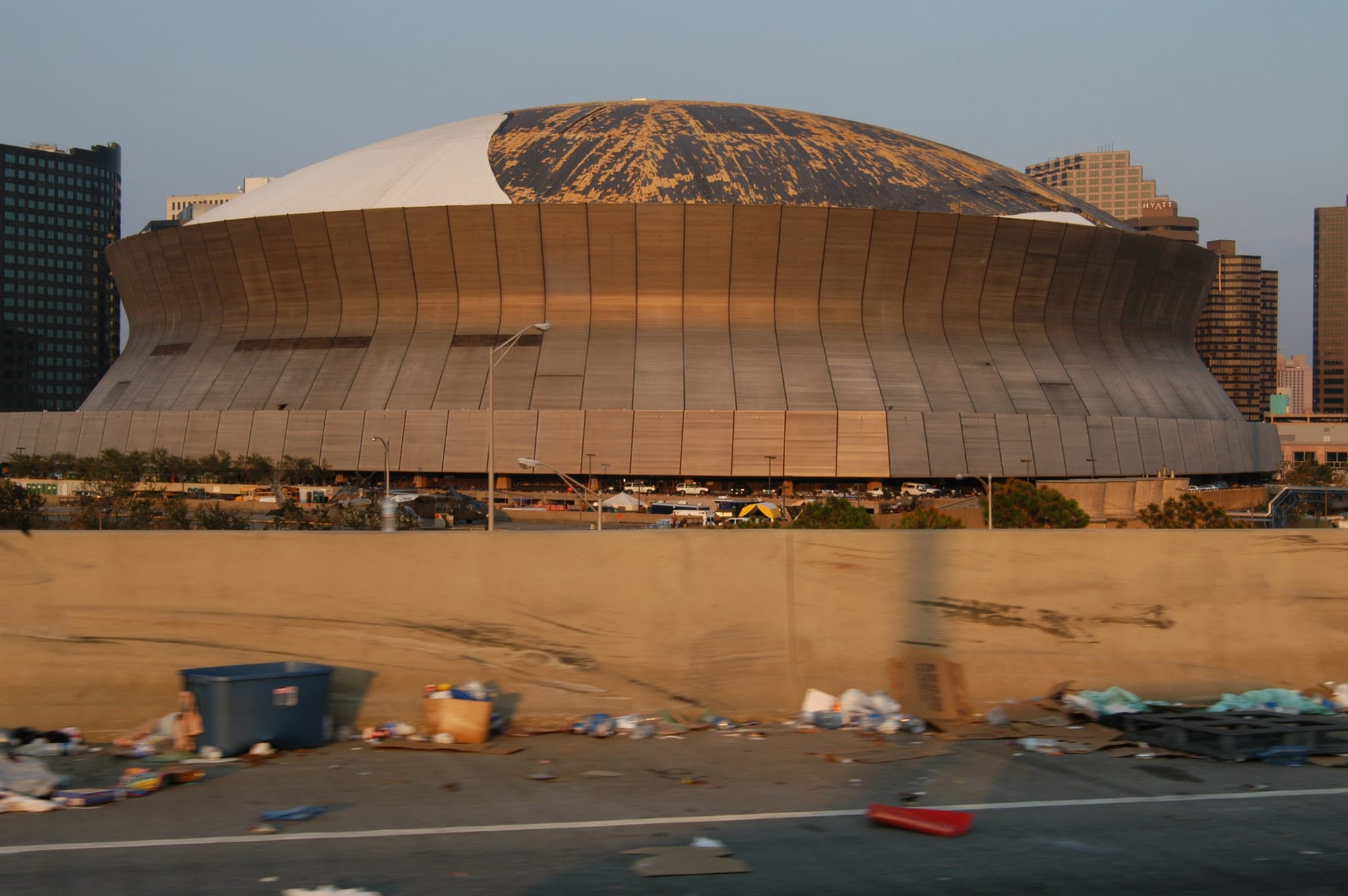 The Superdome roof a week after the storm, Sept. 5, 2005. About 70 percent of the covering was gone. (Photo: Win Henderson/FEMA)