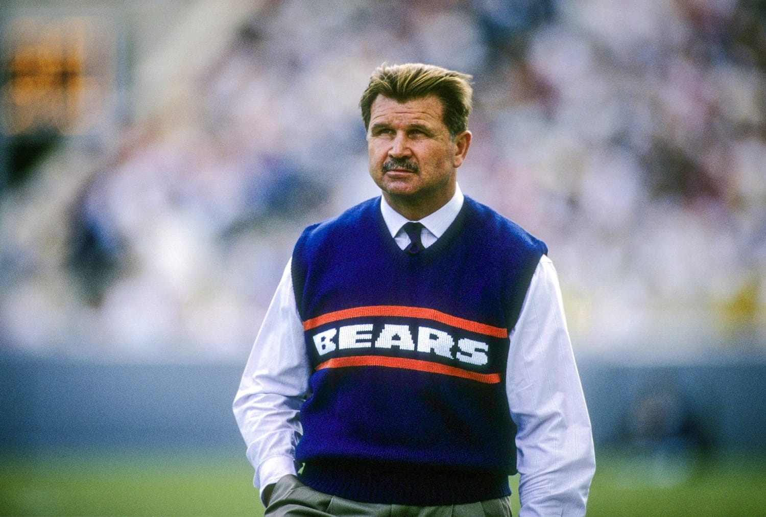 Ditka on the Bears sideline in the sweater vest that became his trademark.
