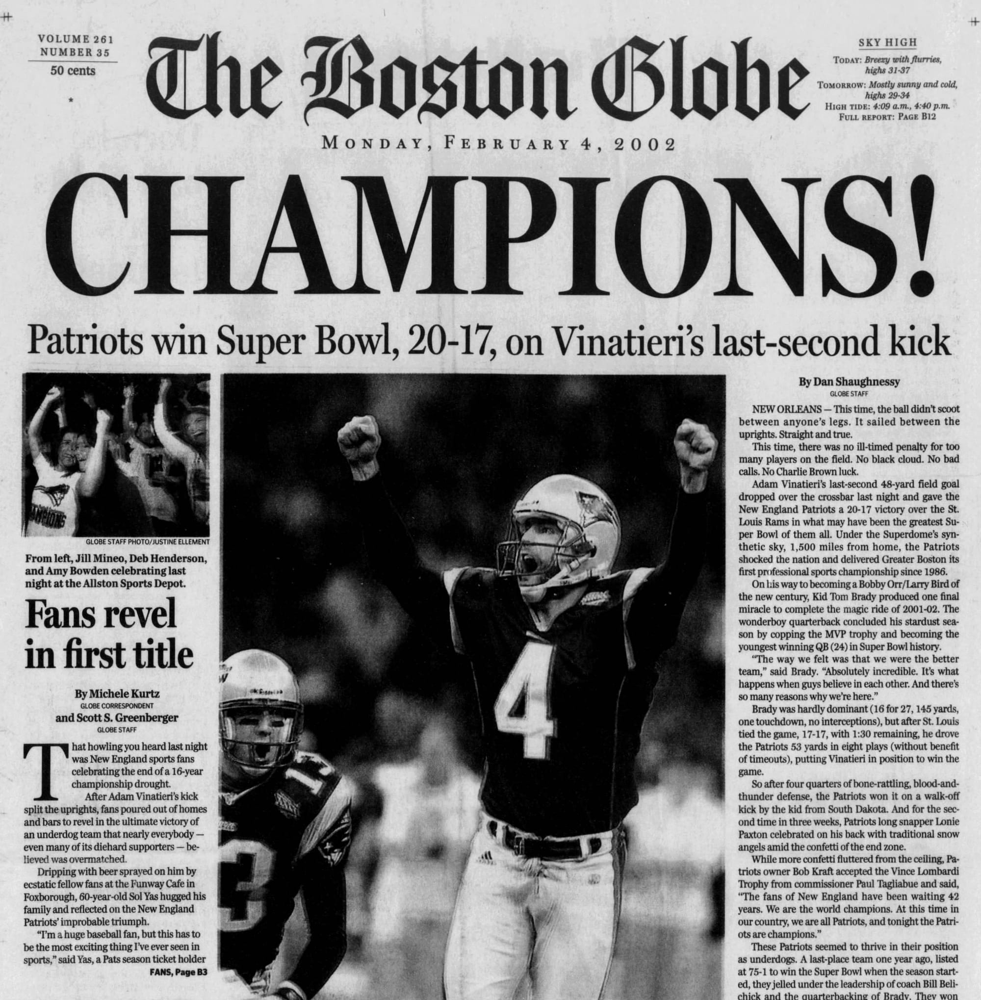 The Boston Globe, Feb. 4, 2002: "CHAMPIONS!" Boston's first major pro title since 1986.