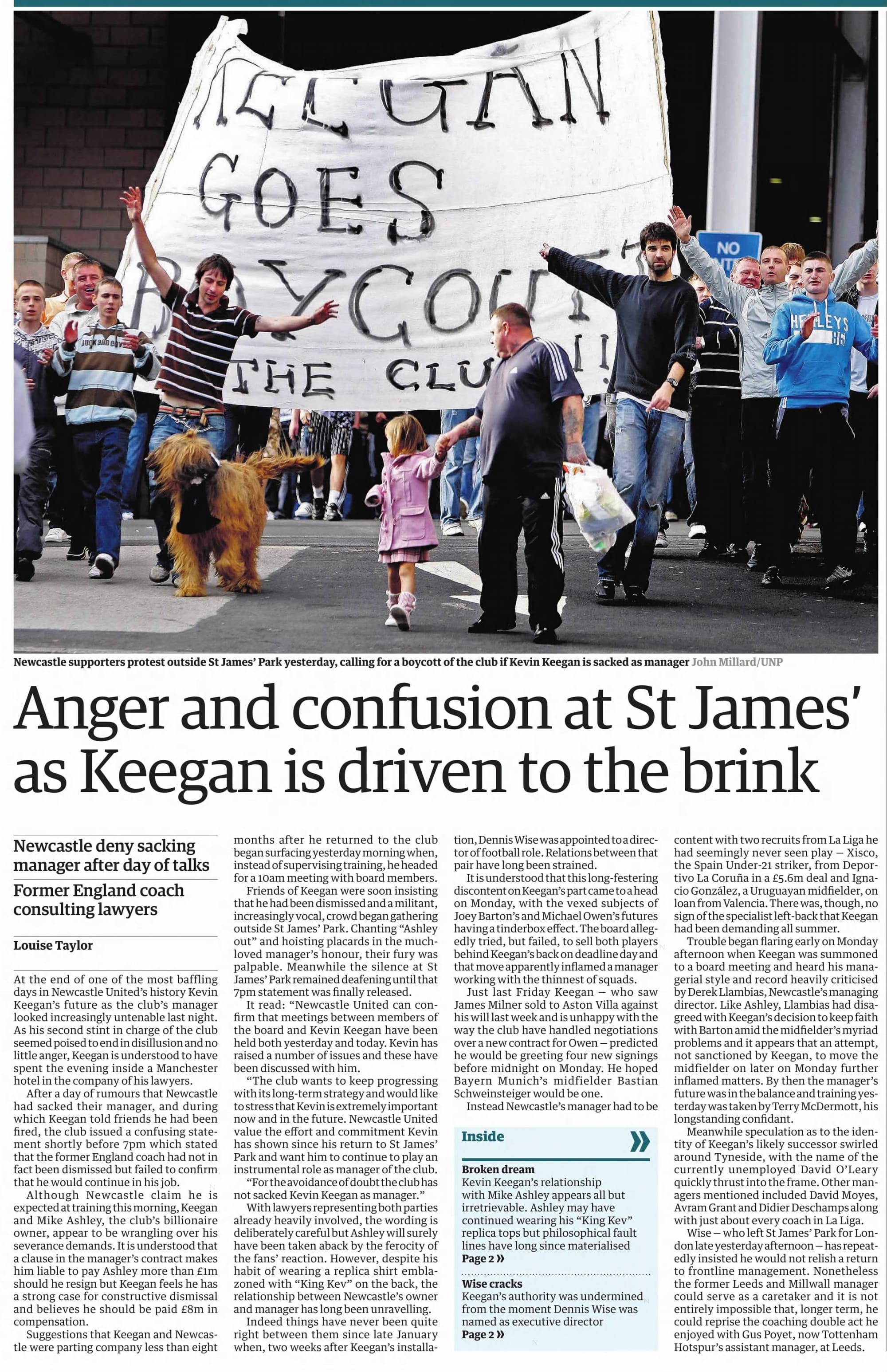 The Guardian, Sept. 3, 2008. Newcastle fans protest outside St James' Park the day before Keegan quit. (Photo: John Millard/UNP)